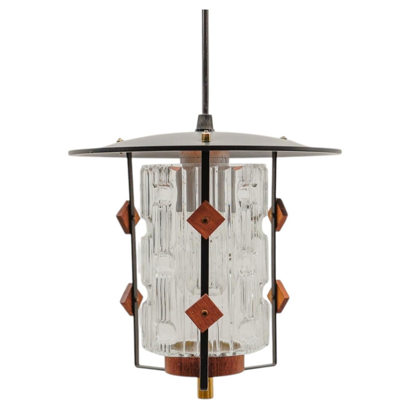 Lampada da soffitto scandinava di metà secolo in rame, teak e vetro, anni '1960