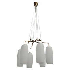 Scandinavian Mid-Century Modern Ceiling Pendant in Brass and Opaline Glass