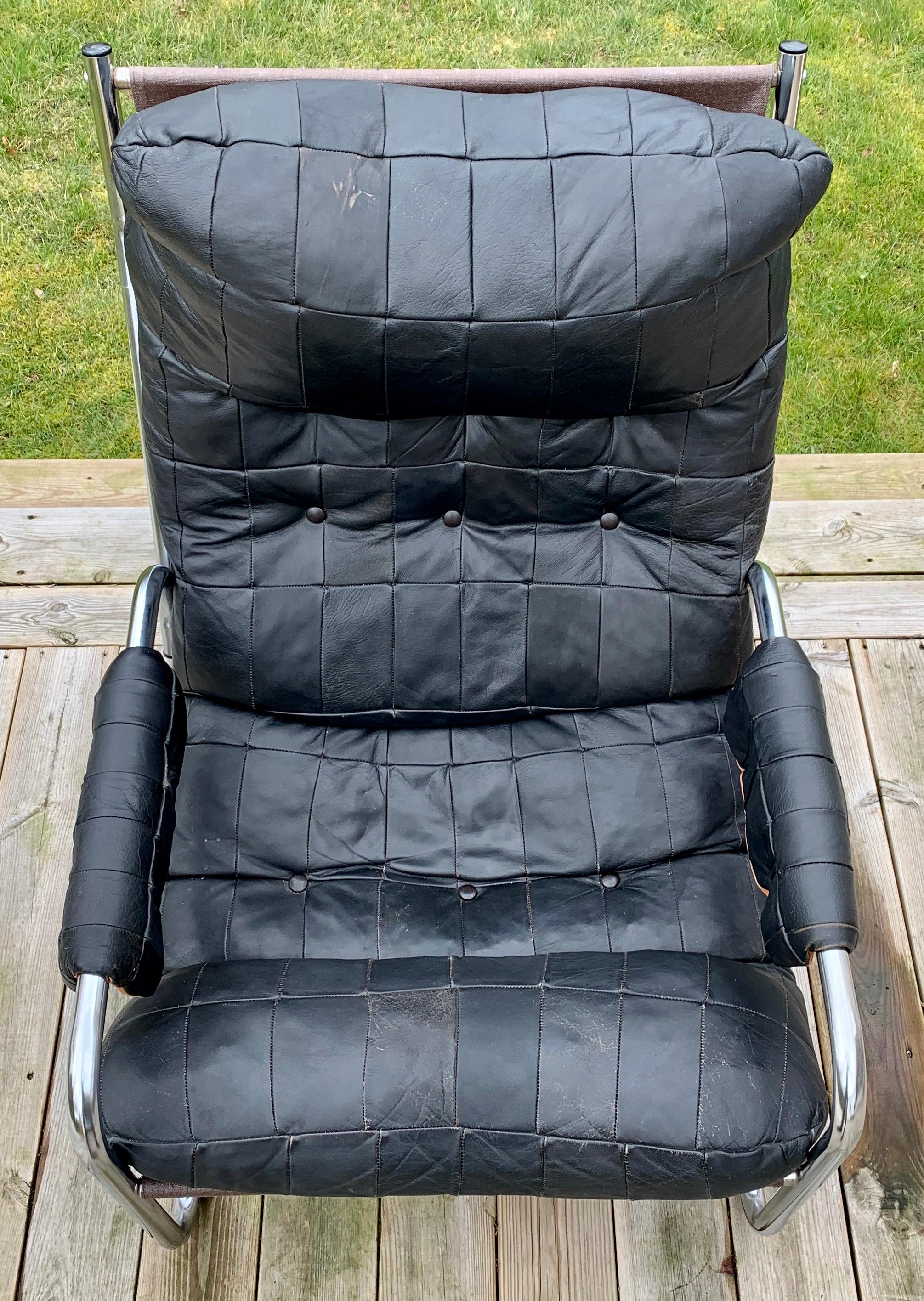 Swedish Scandinavian Mid-Century Modern Leather and Chrome Armchair