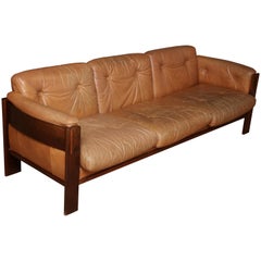 Scandinavian Mid Century Modern Leather and Rosewood Sofa