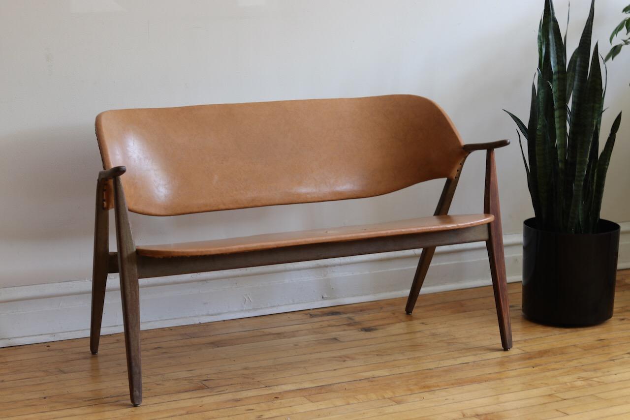 Scandinavian Mid-Century Modern Leather Loveseat Sofa Bench 3