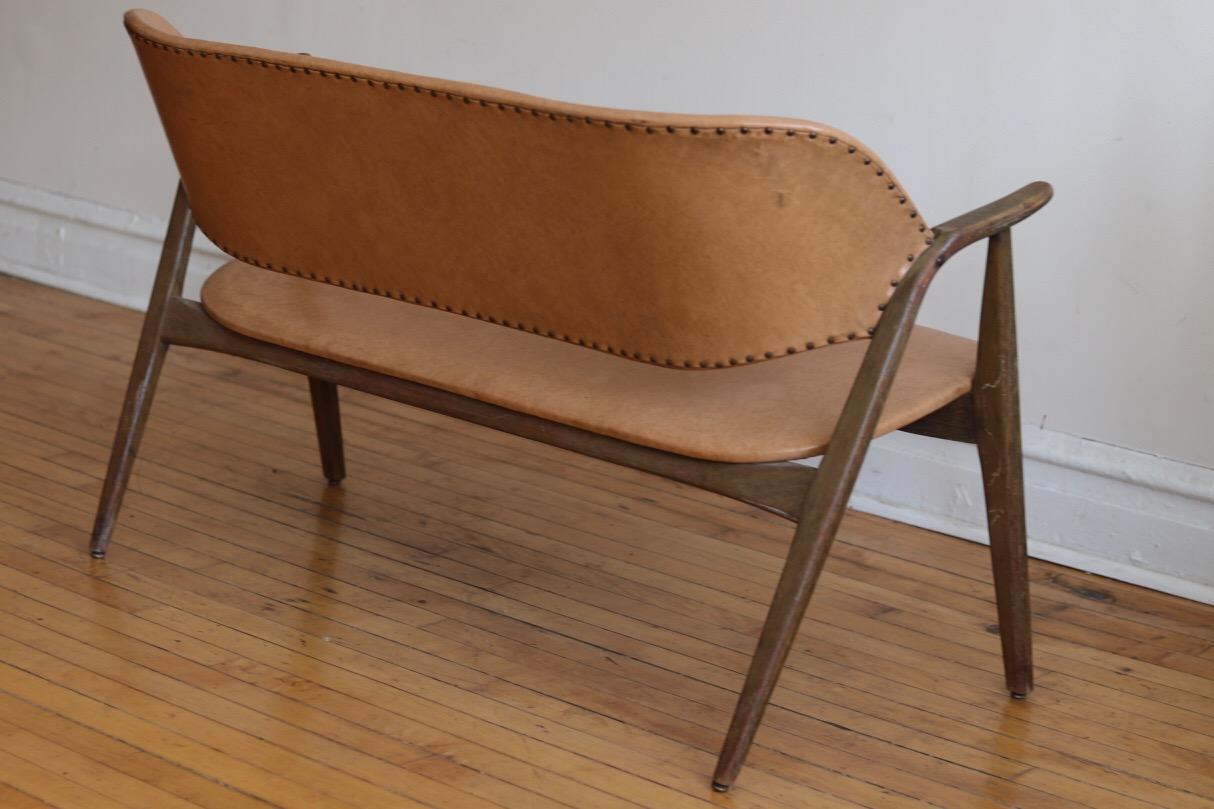 Scandinavian Modern Scandinavian Mid-Century Modern Leather Loveseat Sofa Bench