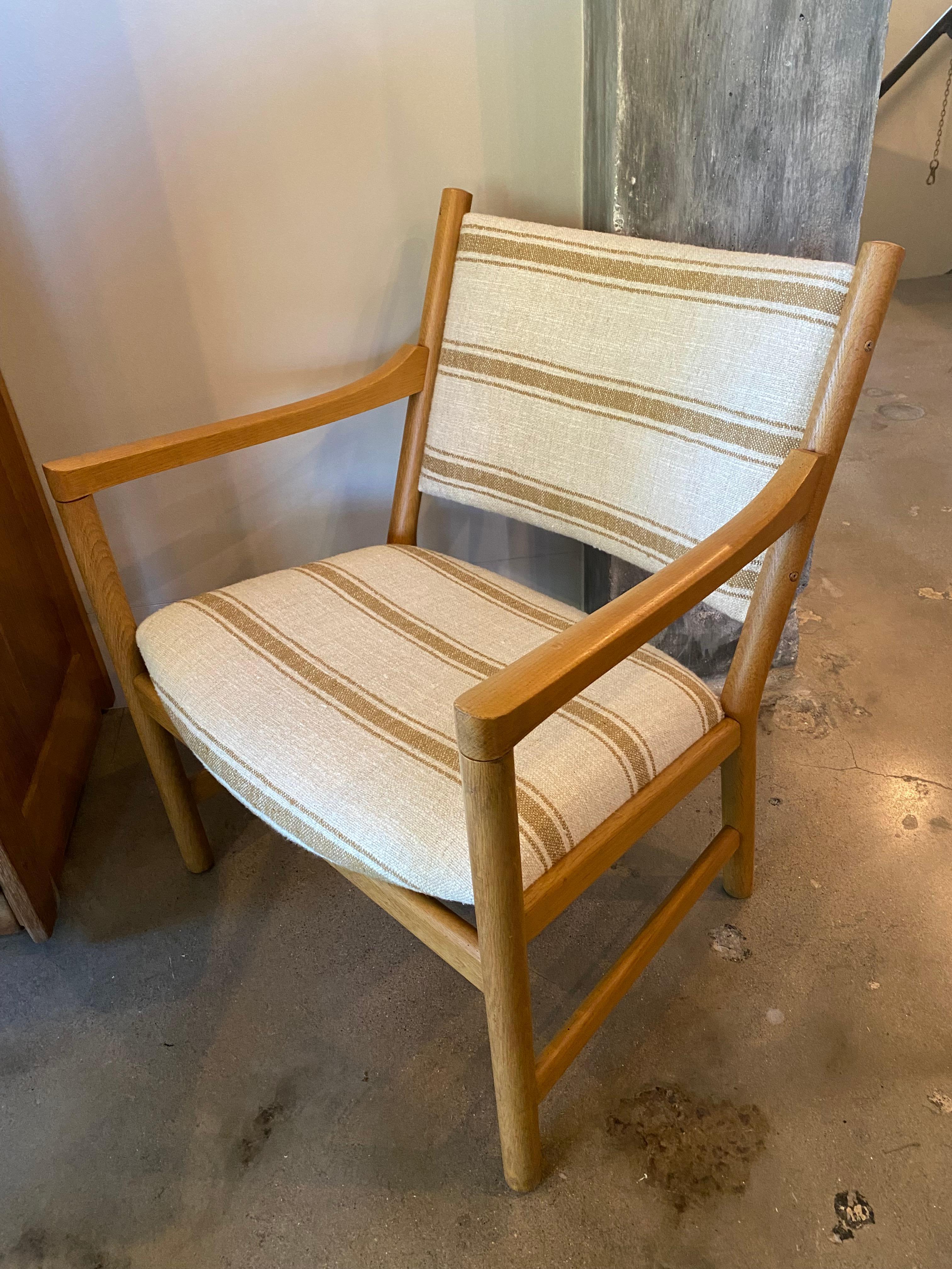 Linen Scandinavian Mid-Century Modern Oak Chair with Ottoman, 1960's