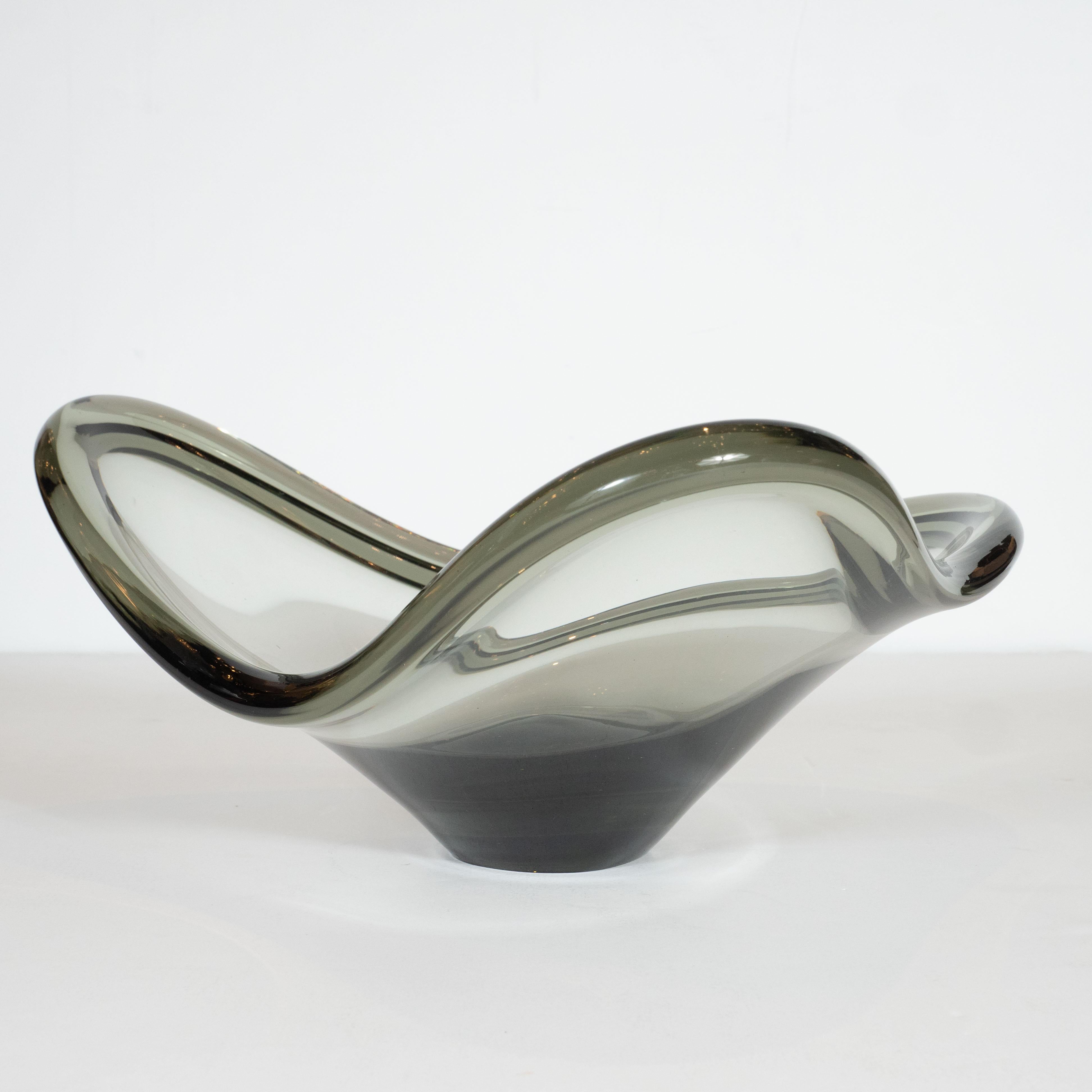 Swedish Scandinavian Mid-Century Modern Sculptural Smoked Hand Blown Bowl by Holmgaard