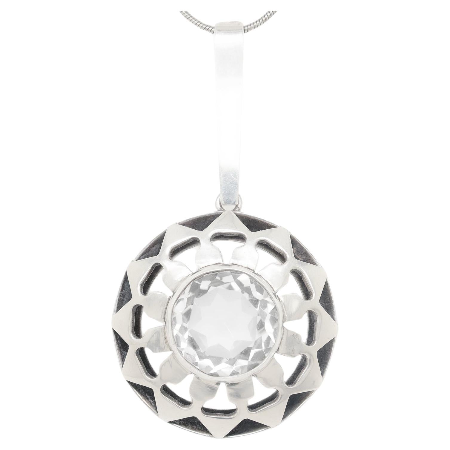 Scandinavian Mid-Century Modern Silver & Rock Crystal Pendant for a Necklace For Sale