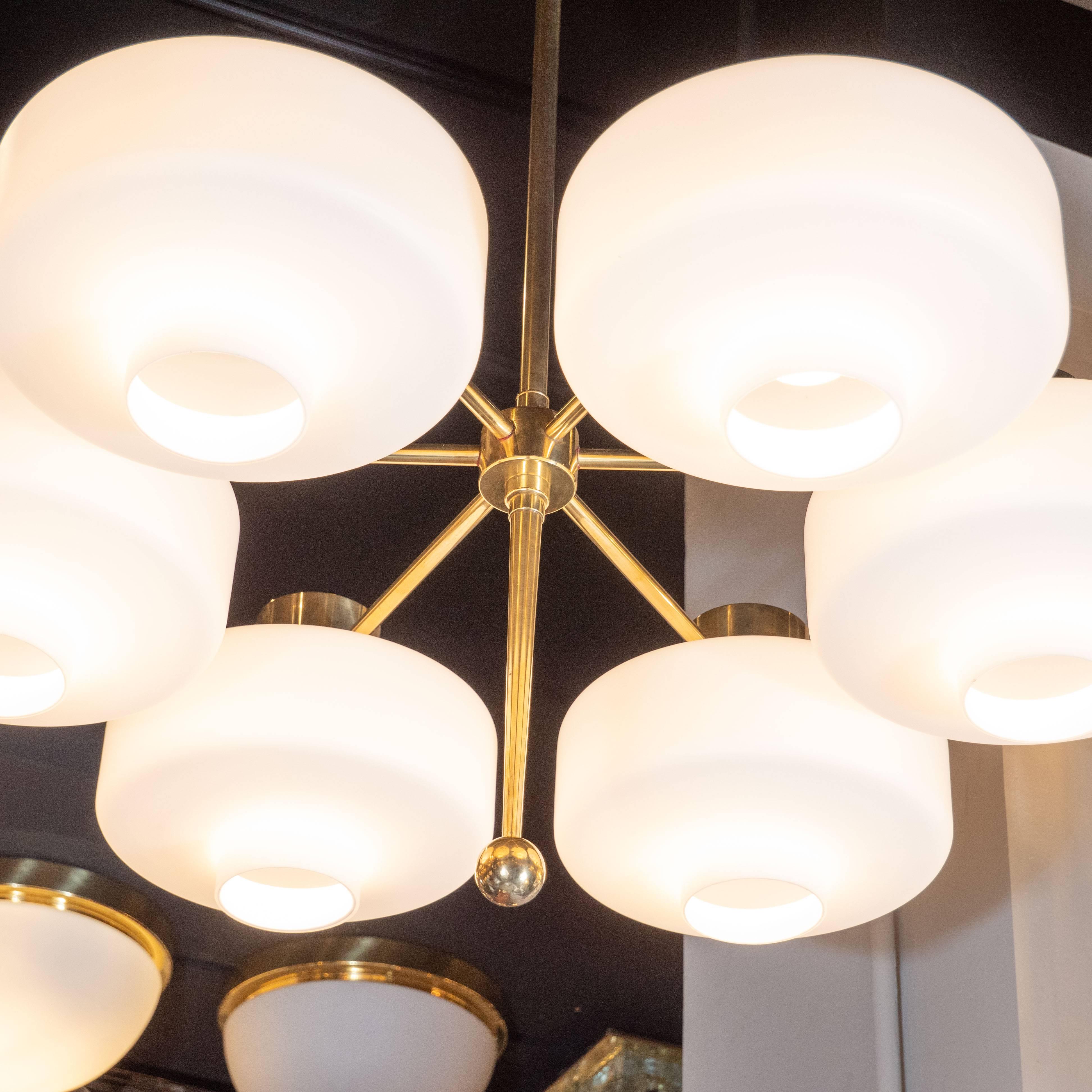 Swedish Scandinavian Mid-Century Modern Six-Arm Brass and Frosted White Glass Chandelier
