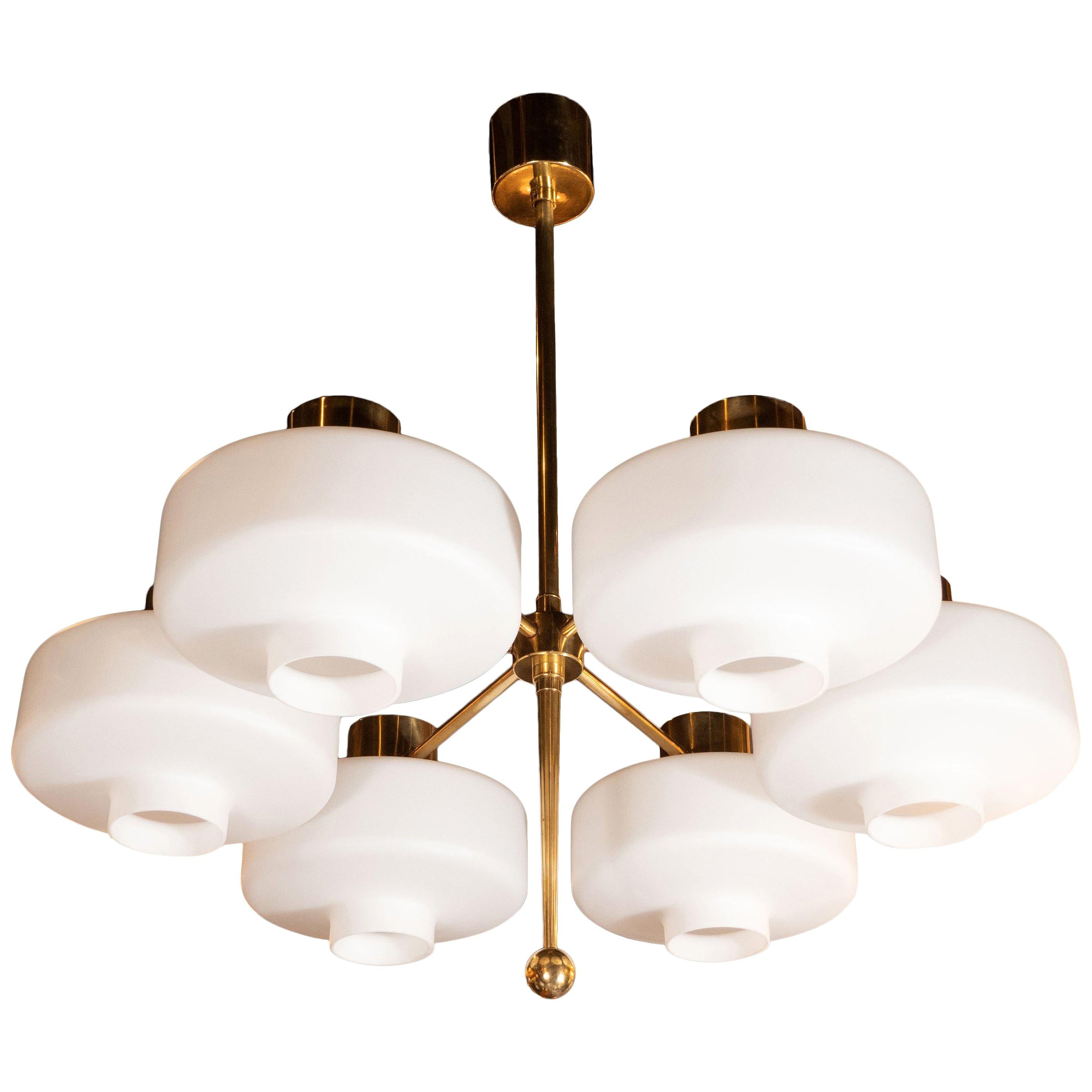 Scandinavian Mid-Century Modern Six-Arm Brass and Frosted White Glass Chandelier