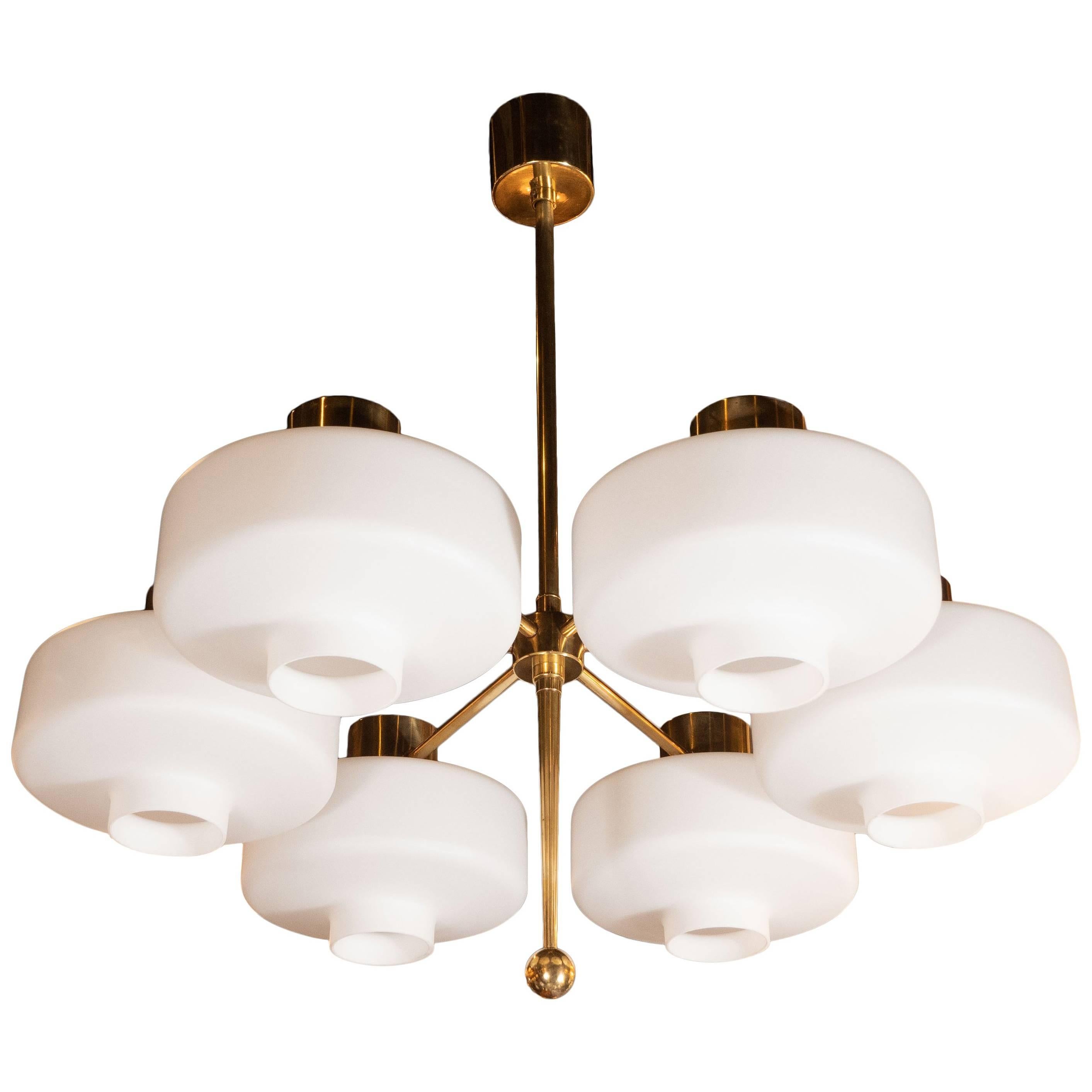 Scandinavian Mid-Century Modern Six-Arm Brass and Frosted White Glass Chandelier