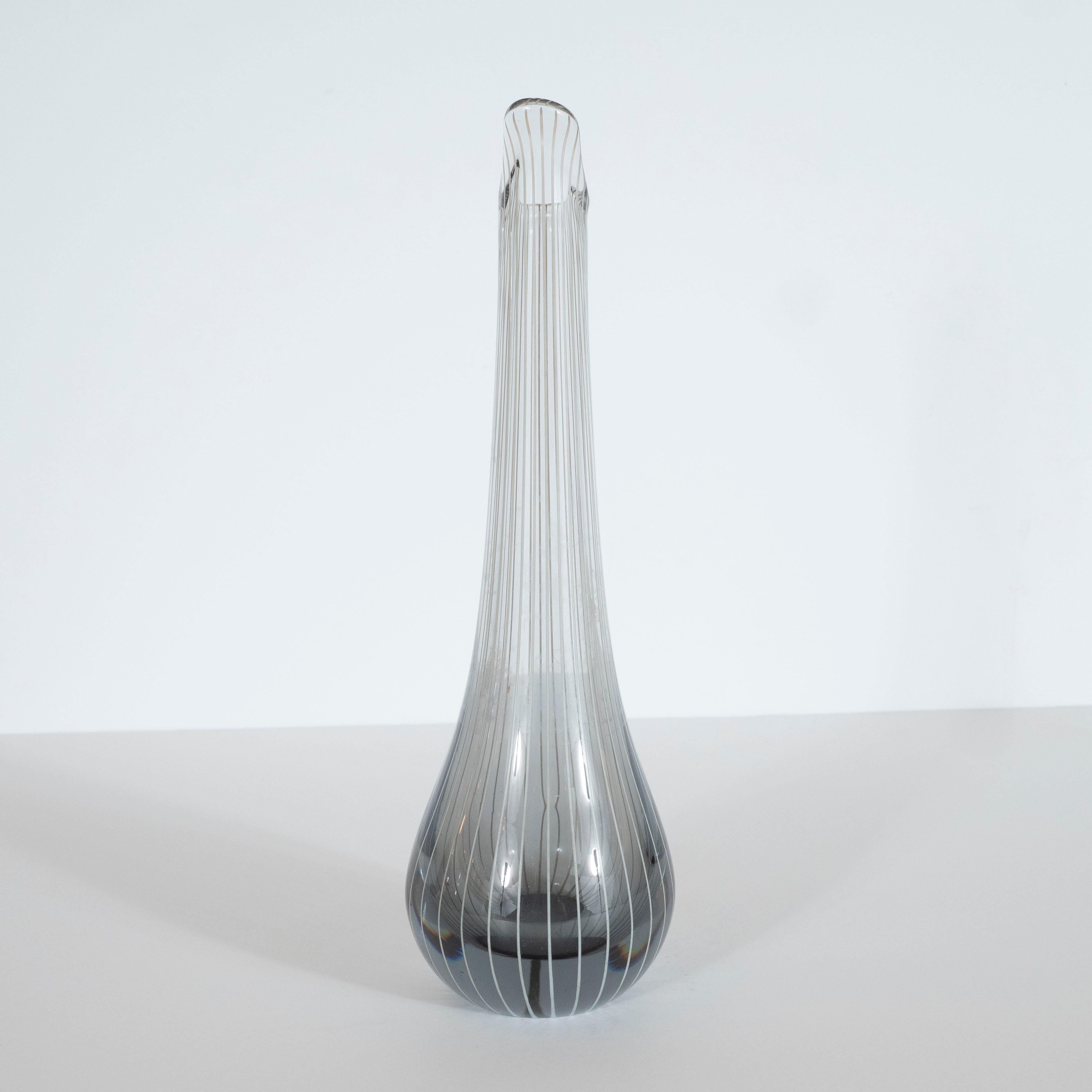 Blown Glass Scandinavian Mid-Century Modern Smoked Translucent Glass Striated Tear Drop Vase
