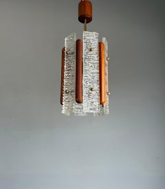 Scandinavian Mid-Century Modern Teak and Textured Glass Pendant Light, 1960s