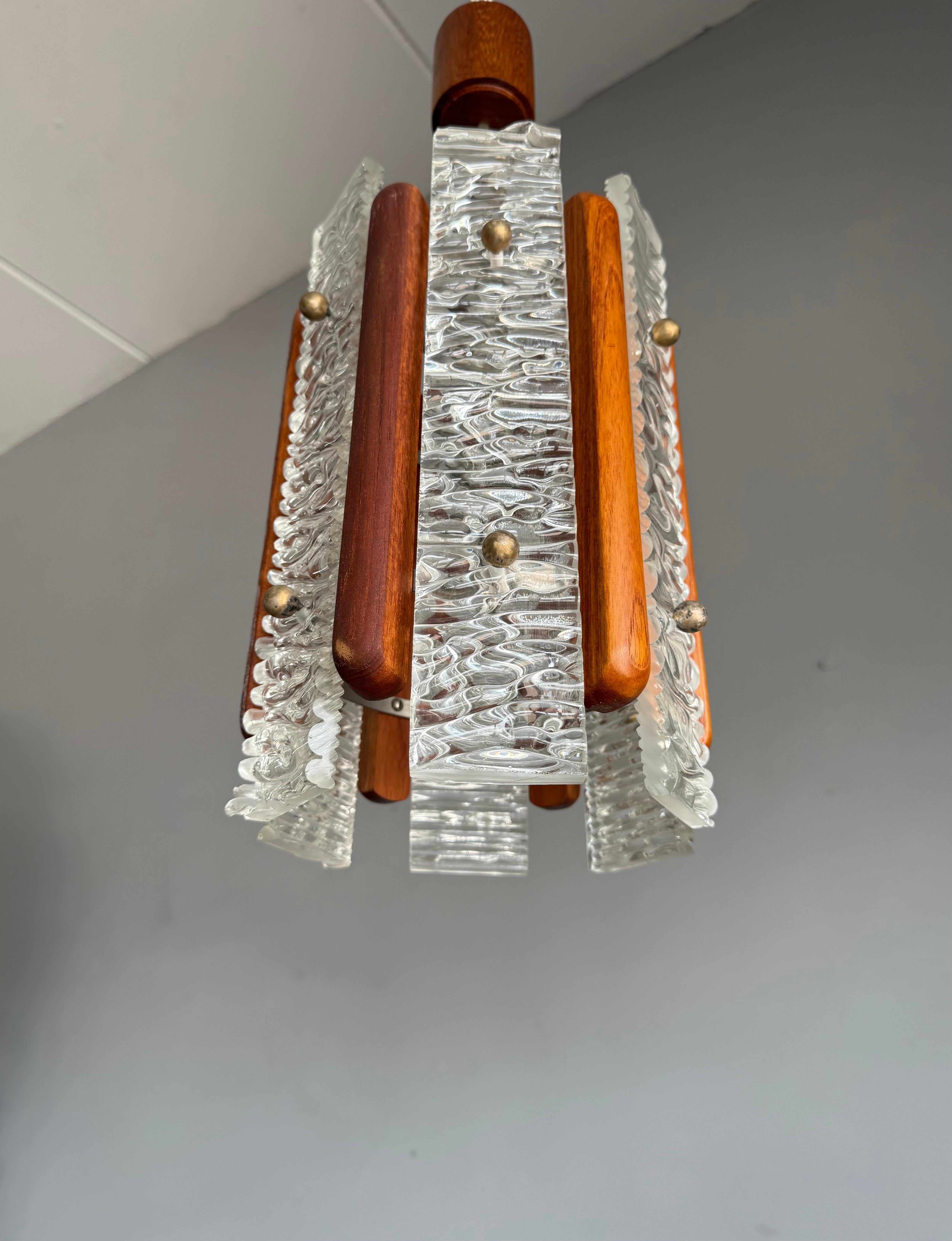 Calco Scandinavian Mid-Century Modern Teak and Textured Glass Pendant Light, 1960s in vendita