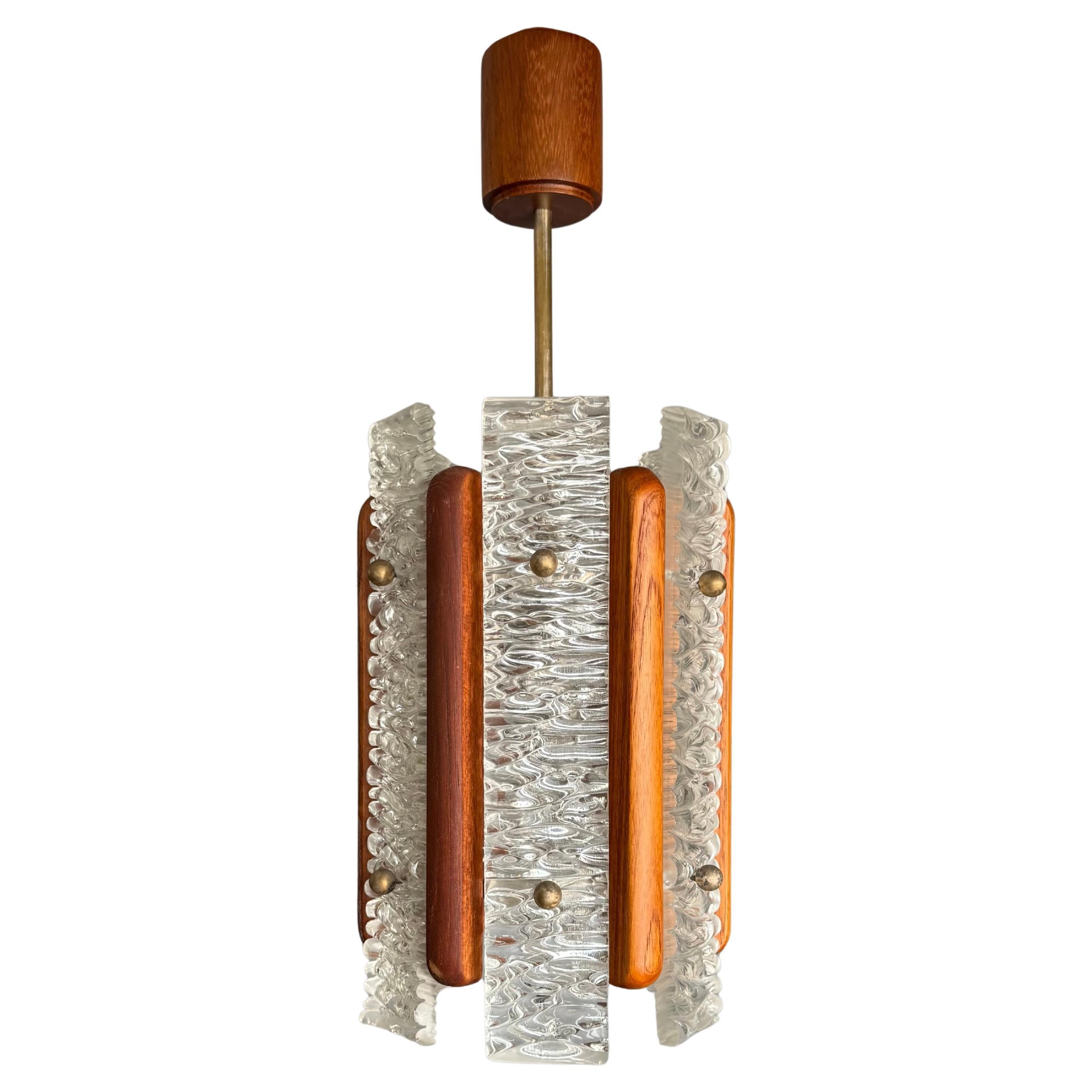Scandinavian Mid-Century Modern Teak and Textured Glass Pendant Light, 1960s