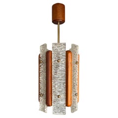 Scandinavian Mid-Century Modern Teak and Textured Glass Pendant Light, 1960s