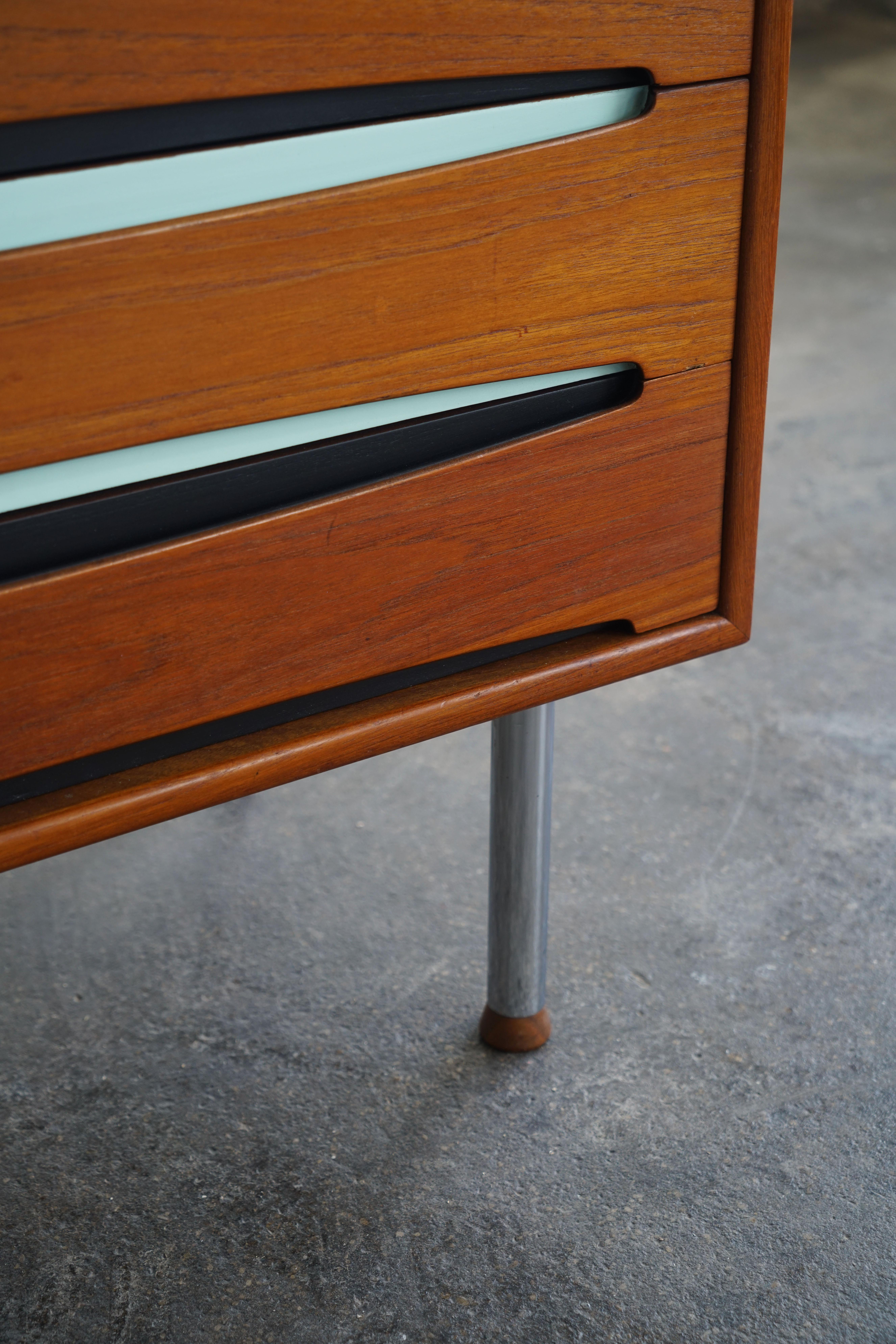 Chrome Scandinavian mid-century modern teak cabinet chest in the manner of Arne Vodder For Sale