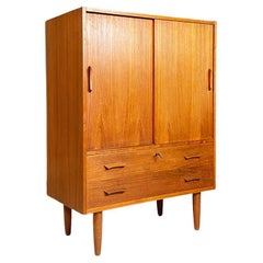 Retro Scandinavian mid century modern teak highboard with sliding doors, 1960s