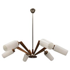 Scandinavian Mid-Century Modern Wood and White Glass Six-Light Chandelier, 1970s