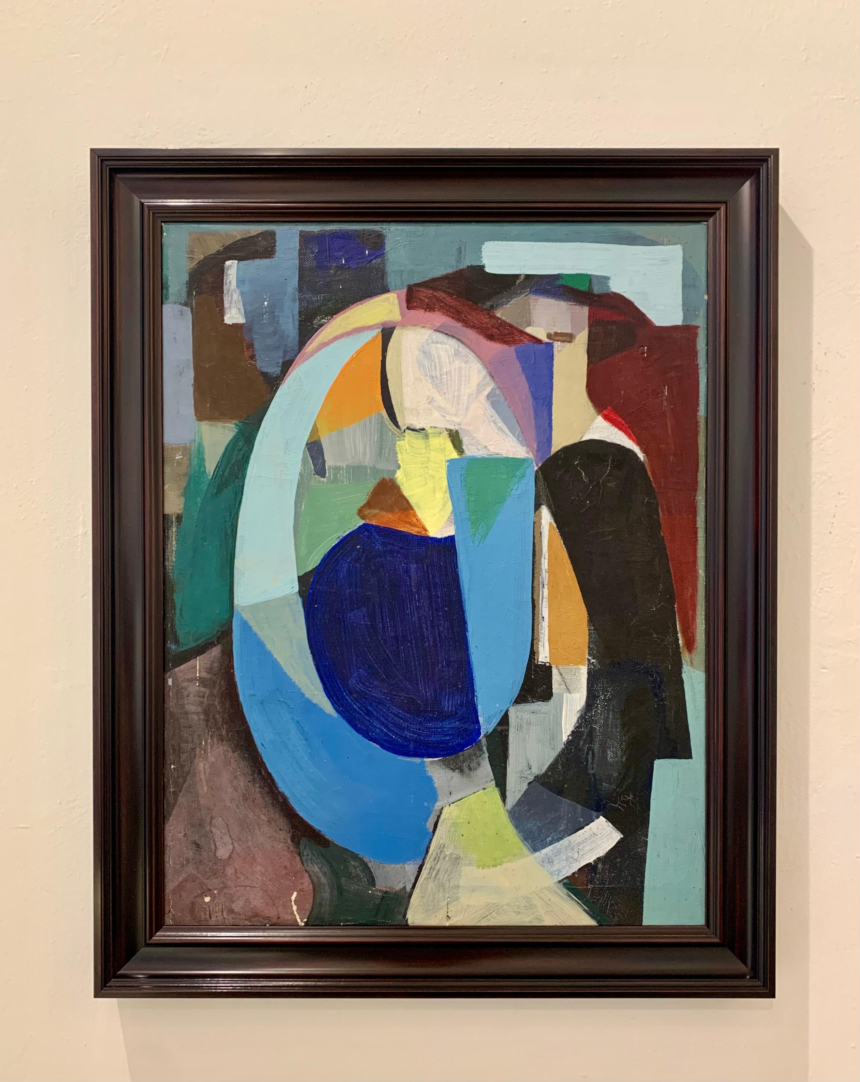 Abstract Mid Century modernist painting in a beautiful colourway by unknown artist. Purchased from Danish estate. 
Highly decorative piece in bright colours. 

Reframed and re-stretched. 
Frame included. Framing of highest quality available. 

