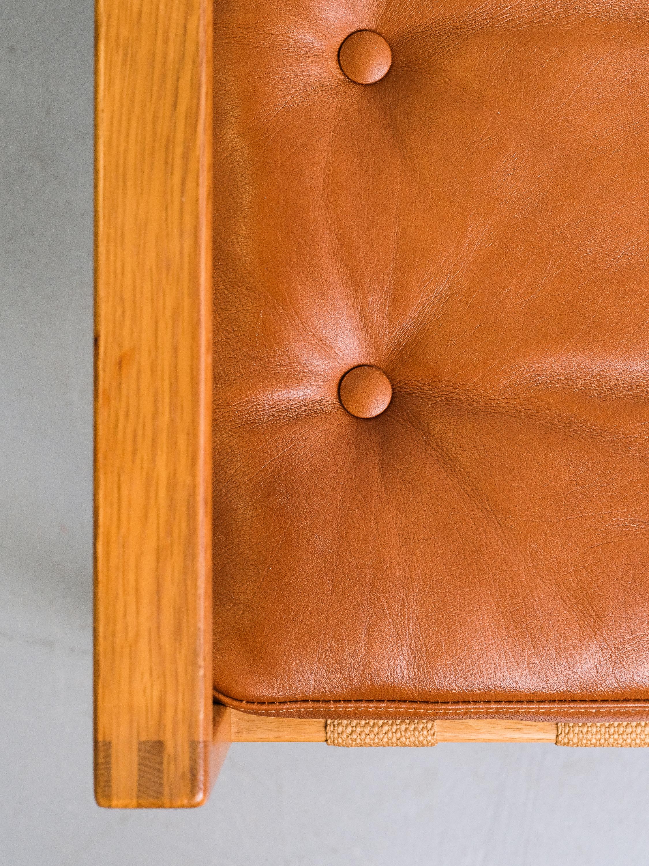 Swedish Scandinavian Mid-Century Oak Stool with Cognac Leather Cushion