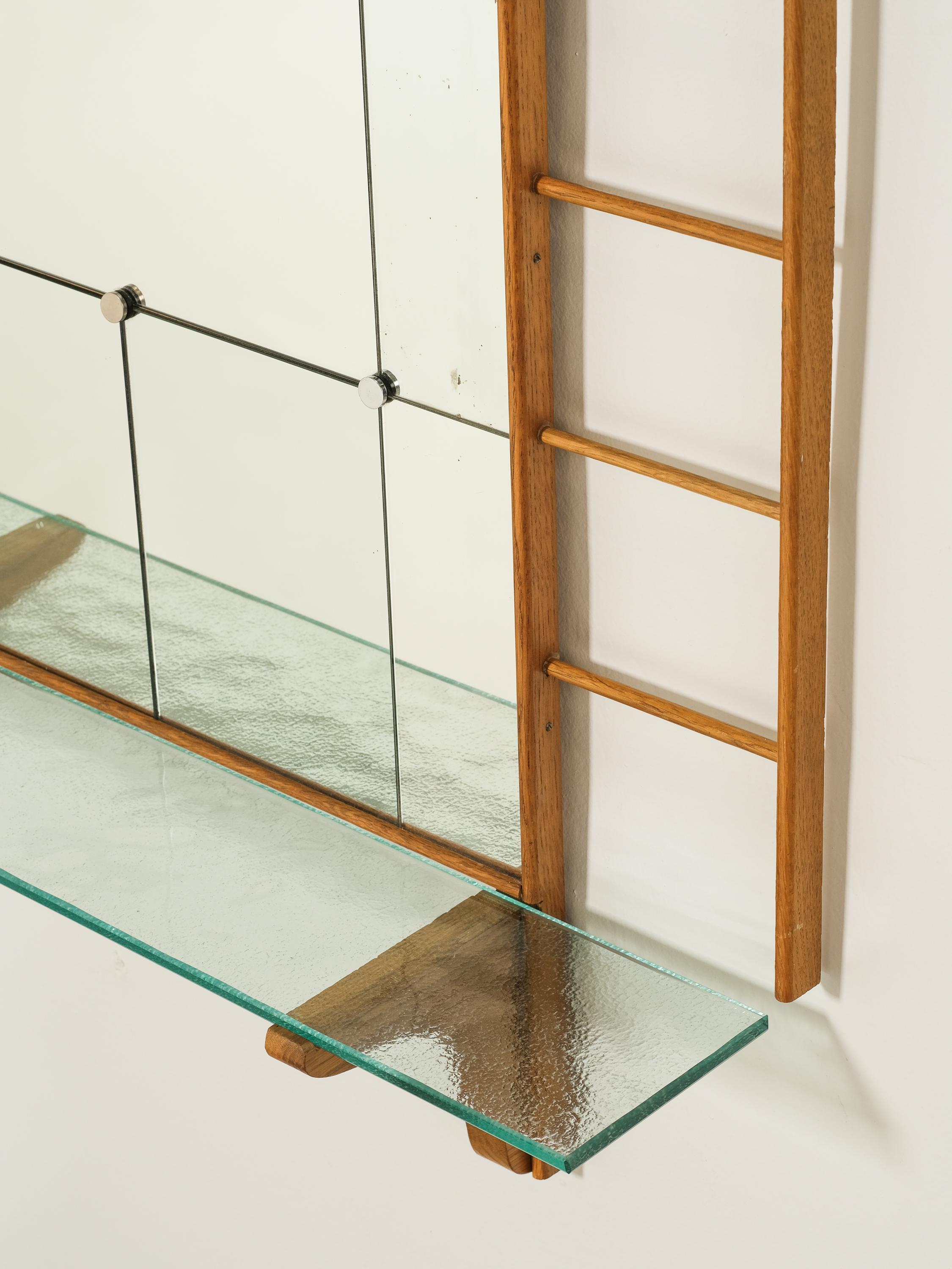 Swedish Scandinavian Mid-Century Oak Wall Mirror with Glass Shelf For Sale