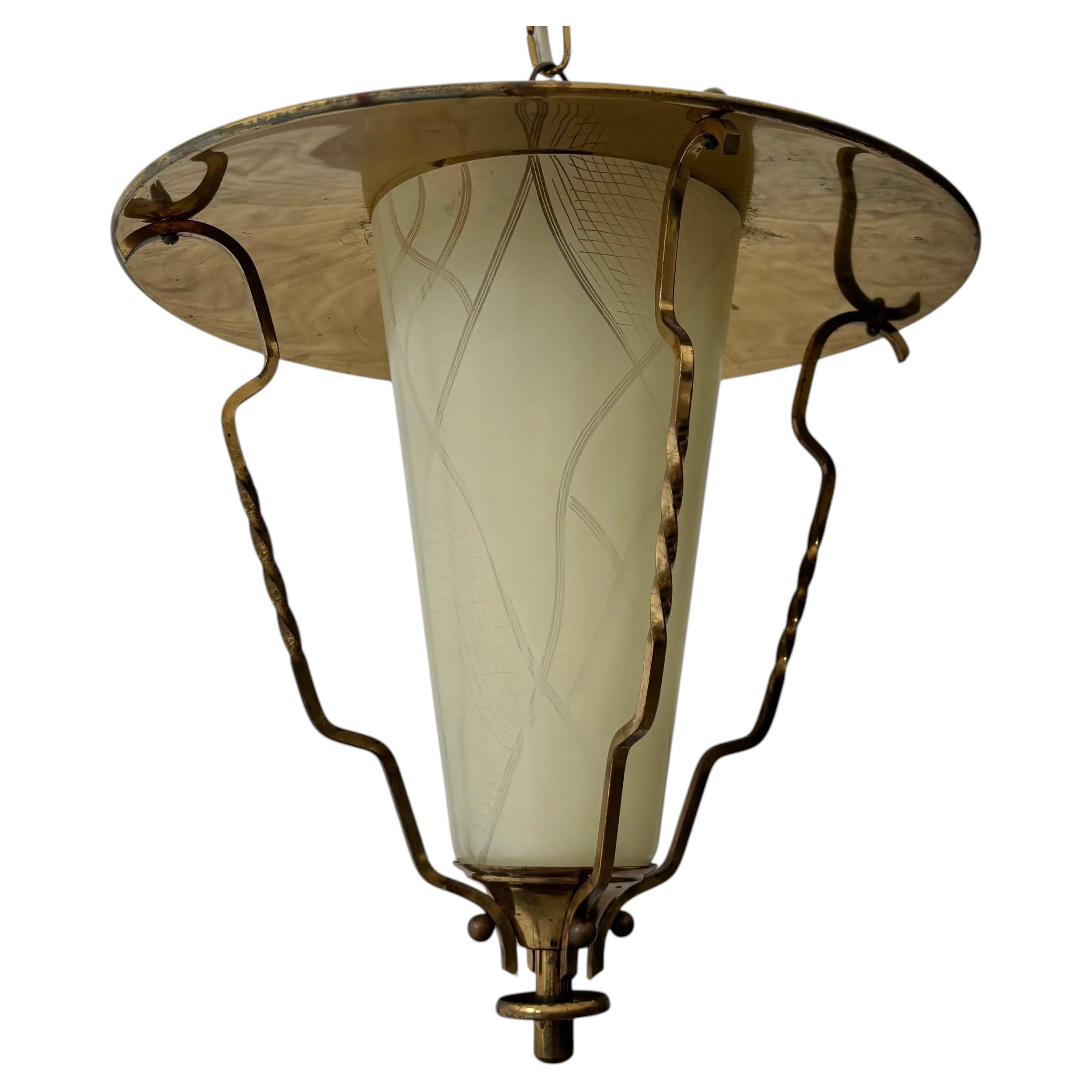 Scandinavian mid century pendant lamp, brass and glass, Sweden, 1950s For Sale