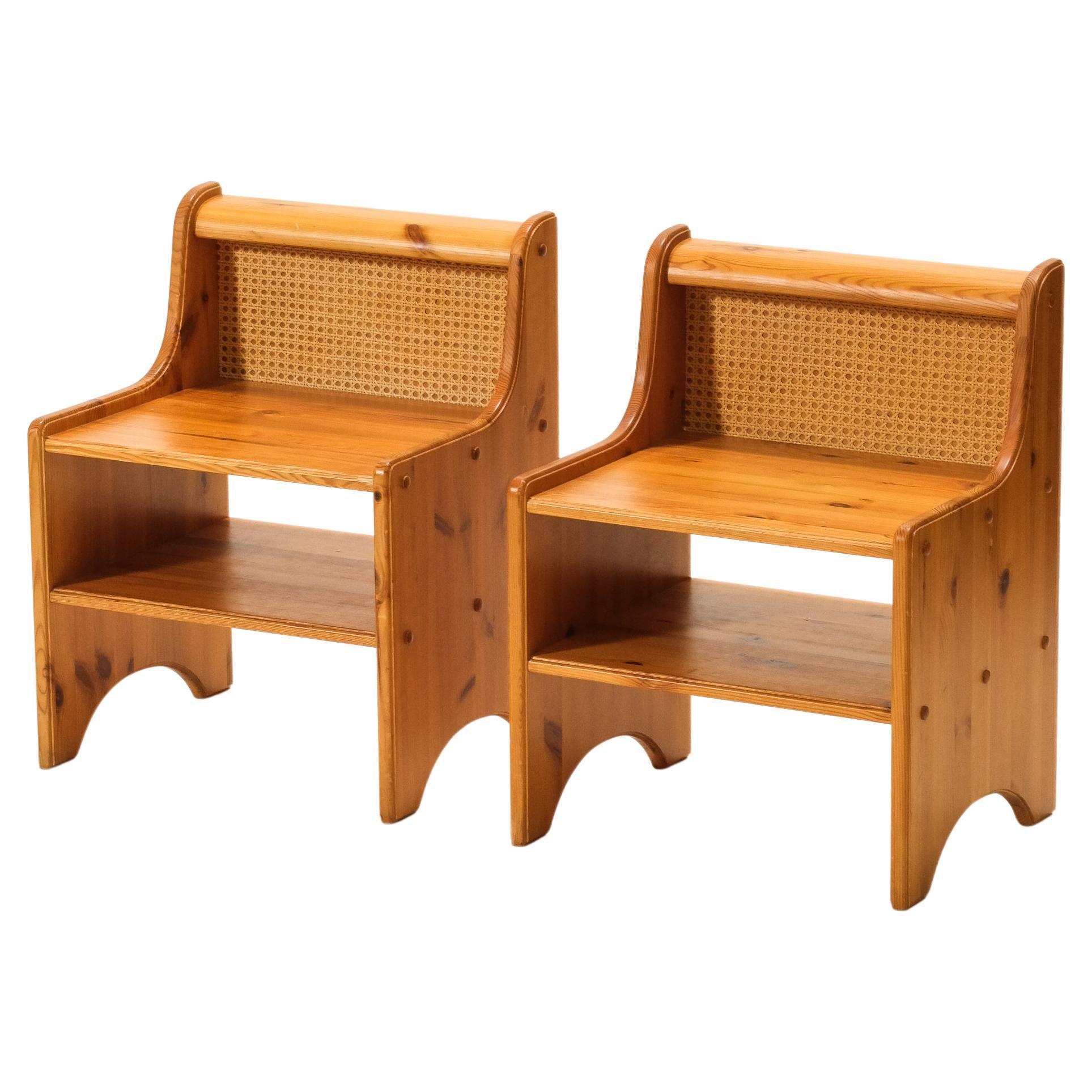 Scandinavian Mid-Century Pine & Rattan Bedside Tables, Set of 2 For Sale