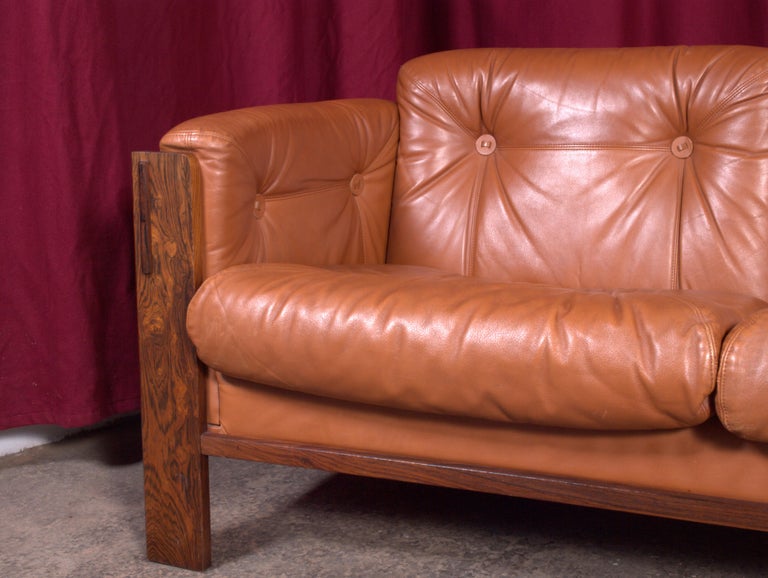 View of Scandinavian Midcentury Rosewood Leather Couch / Sofa For Sale at 1stDibs