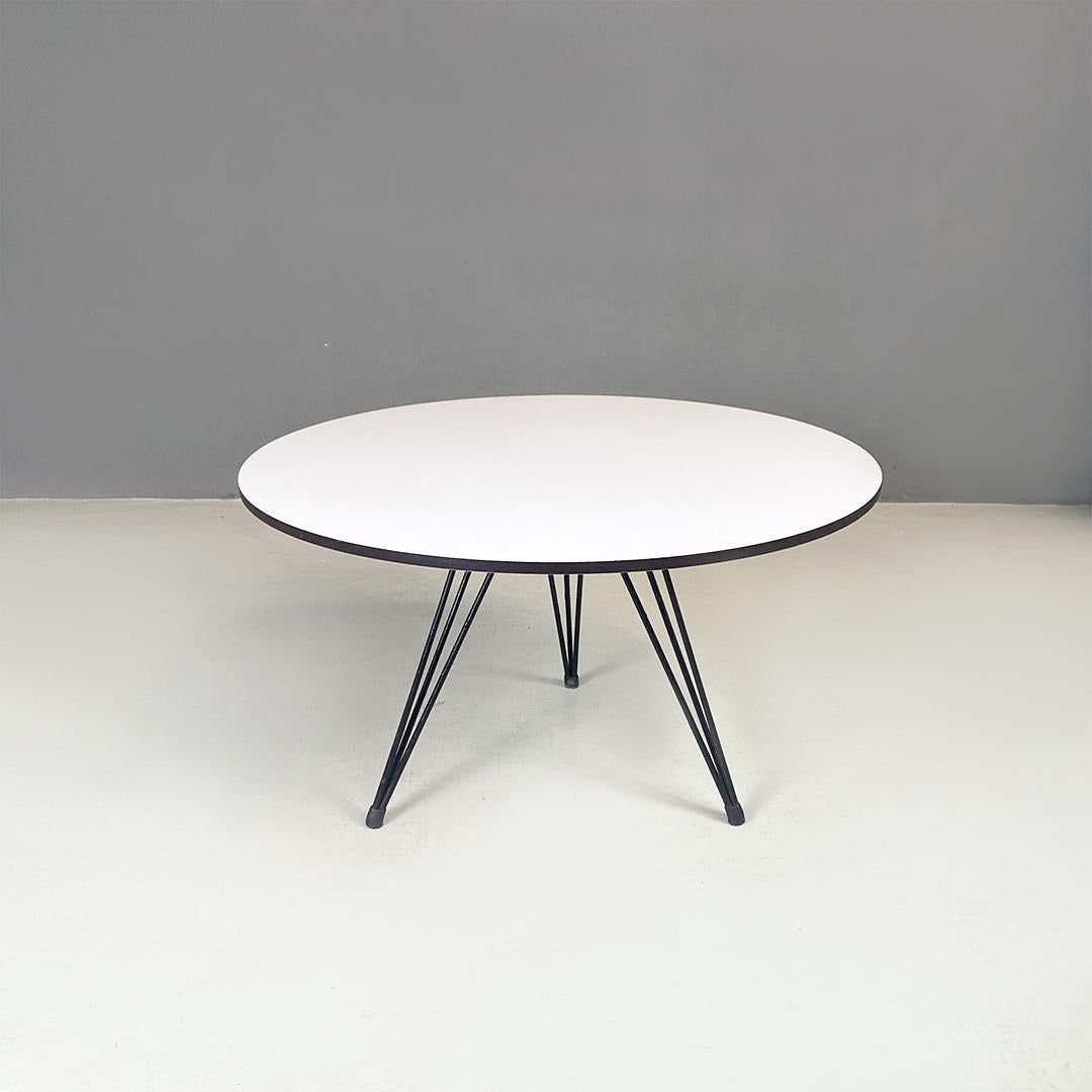 Modern Scandinavian Midcentury Round White Laminate and Black Metal Coffee Table, 1960s For Sale