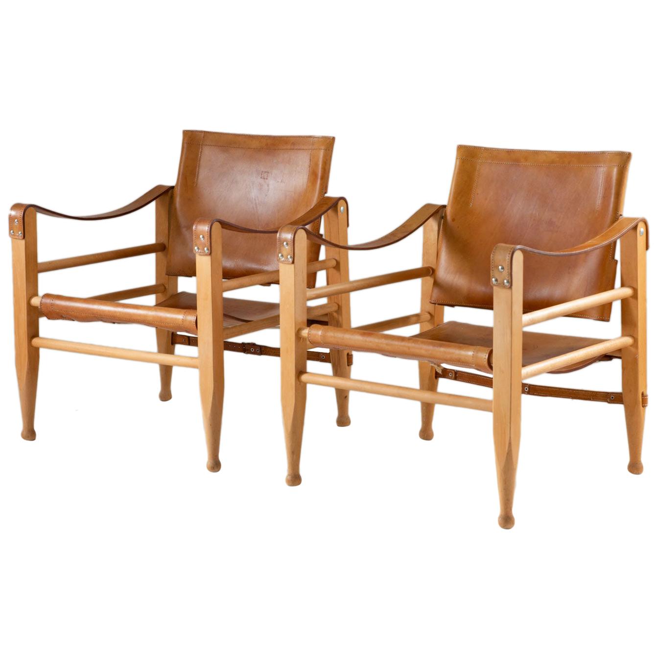 Scandinavian Midcentury Safari Chairs by Aage Bruun & Søn in Cognac Leather