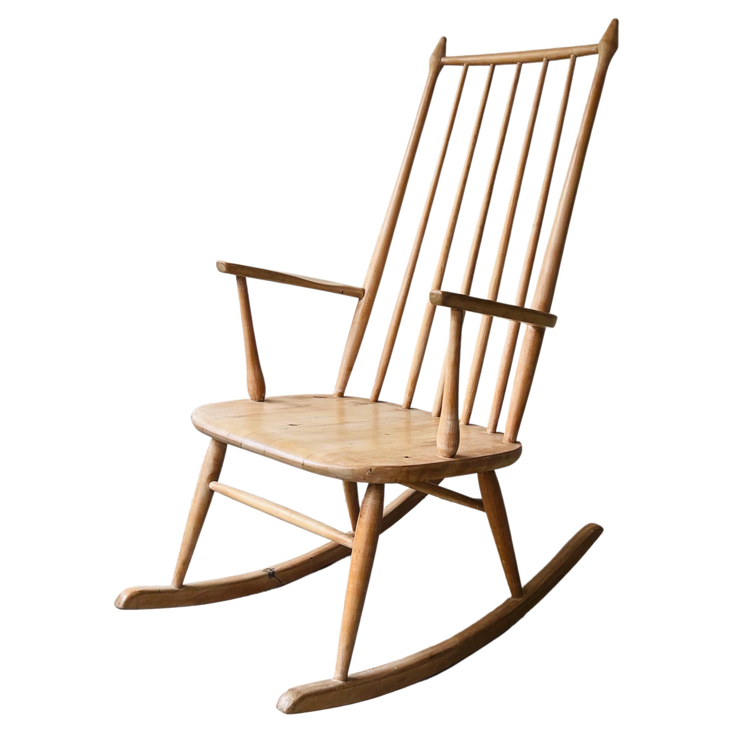 Scandinavian Mid Century Spindle Back Oak Rocking Chair For Sale