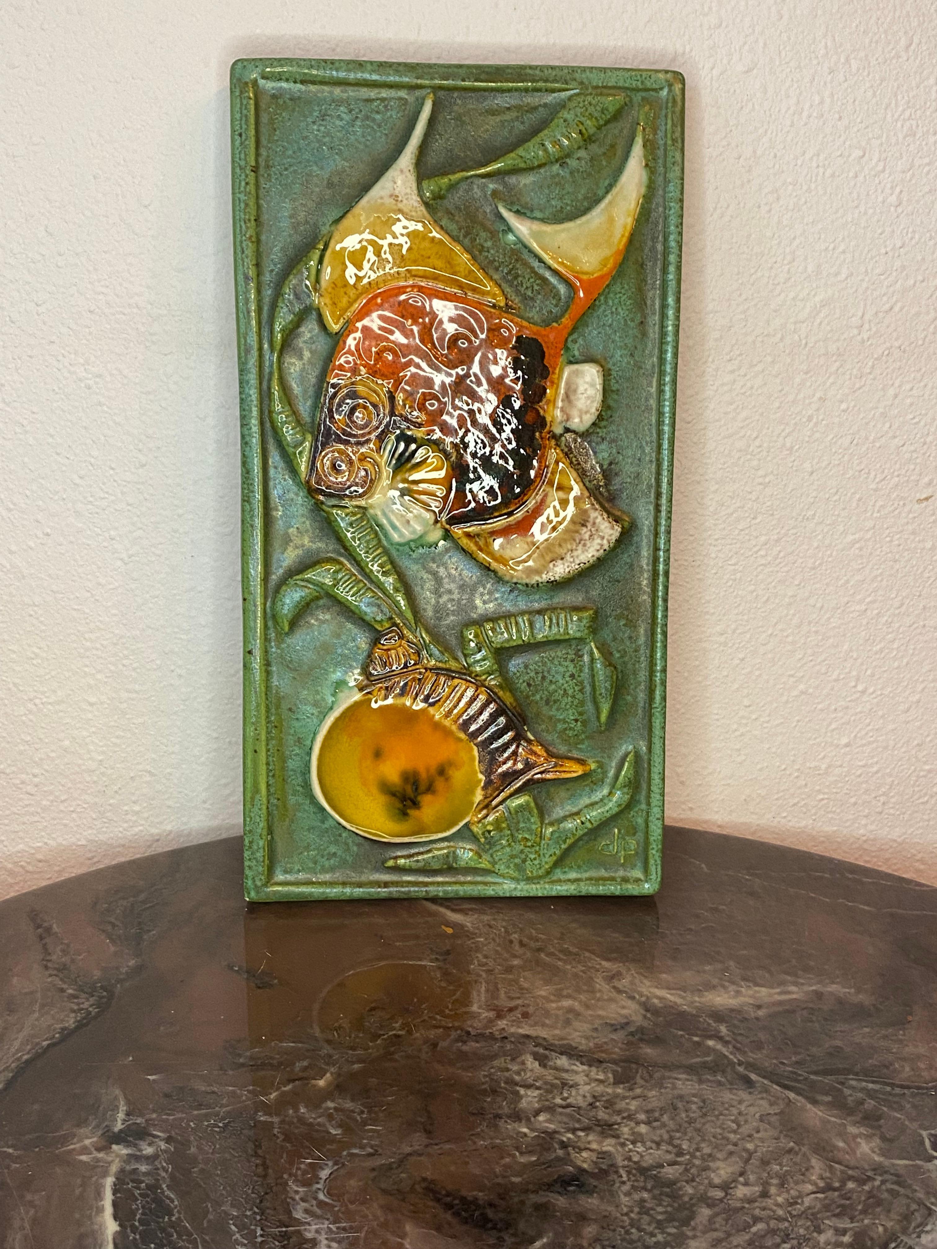 Mid-Century Modern Scandinavian Mid-Century Stoneware Wall Plaque with Fish by Tilgmans Pottery  For Sale