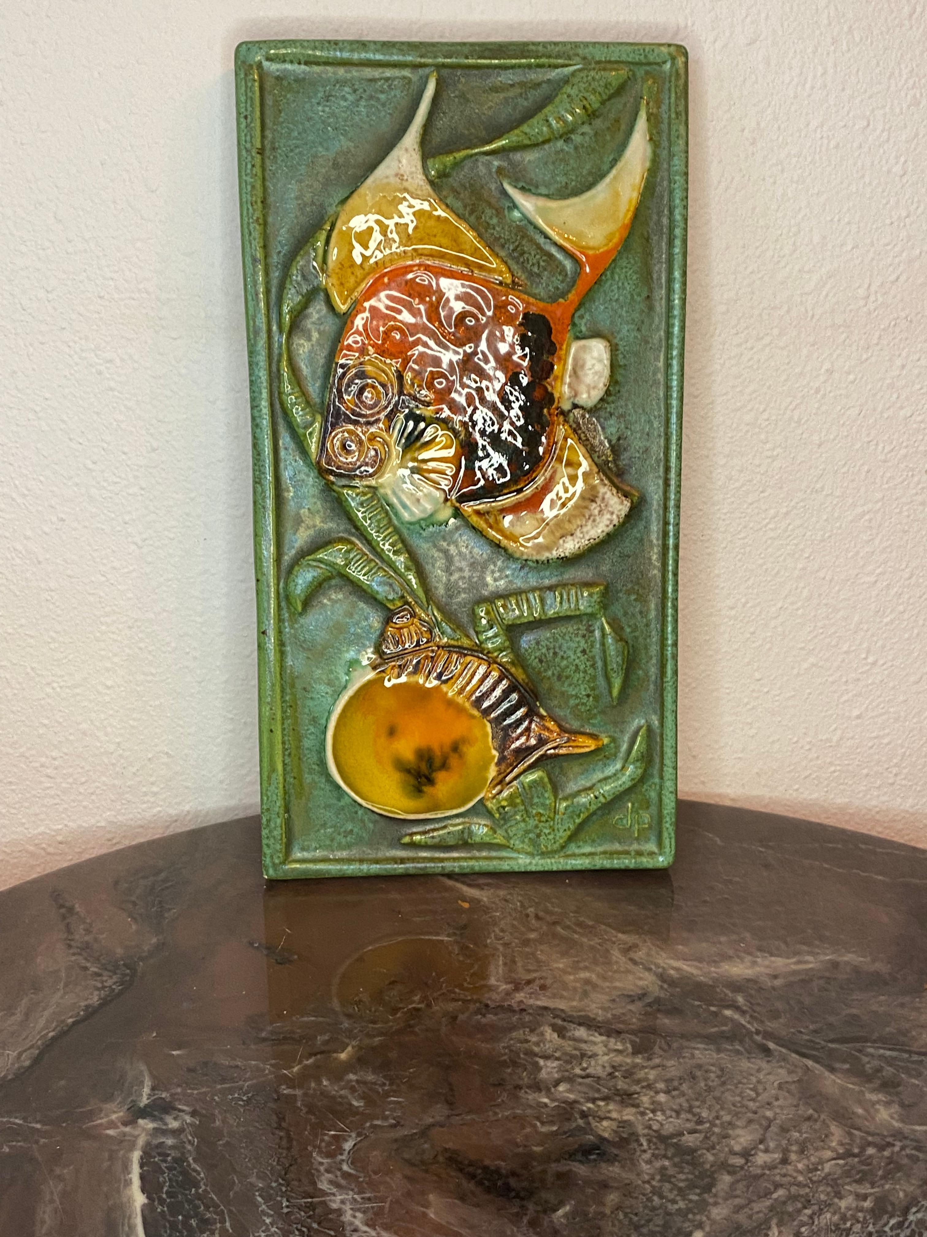 Swedish Scandinavian Mid-Century Stoneware Wall Plaque with Fish by Tilgmans Pottery  For Sale