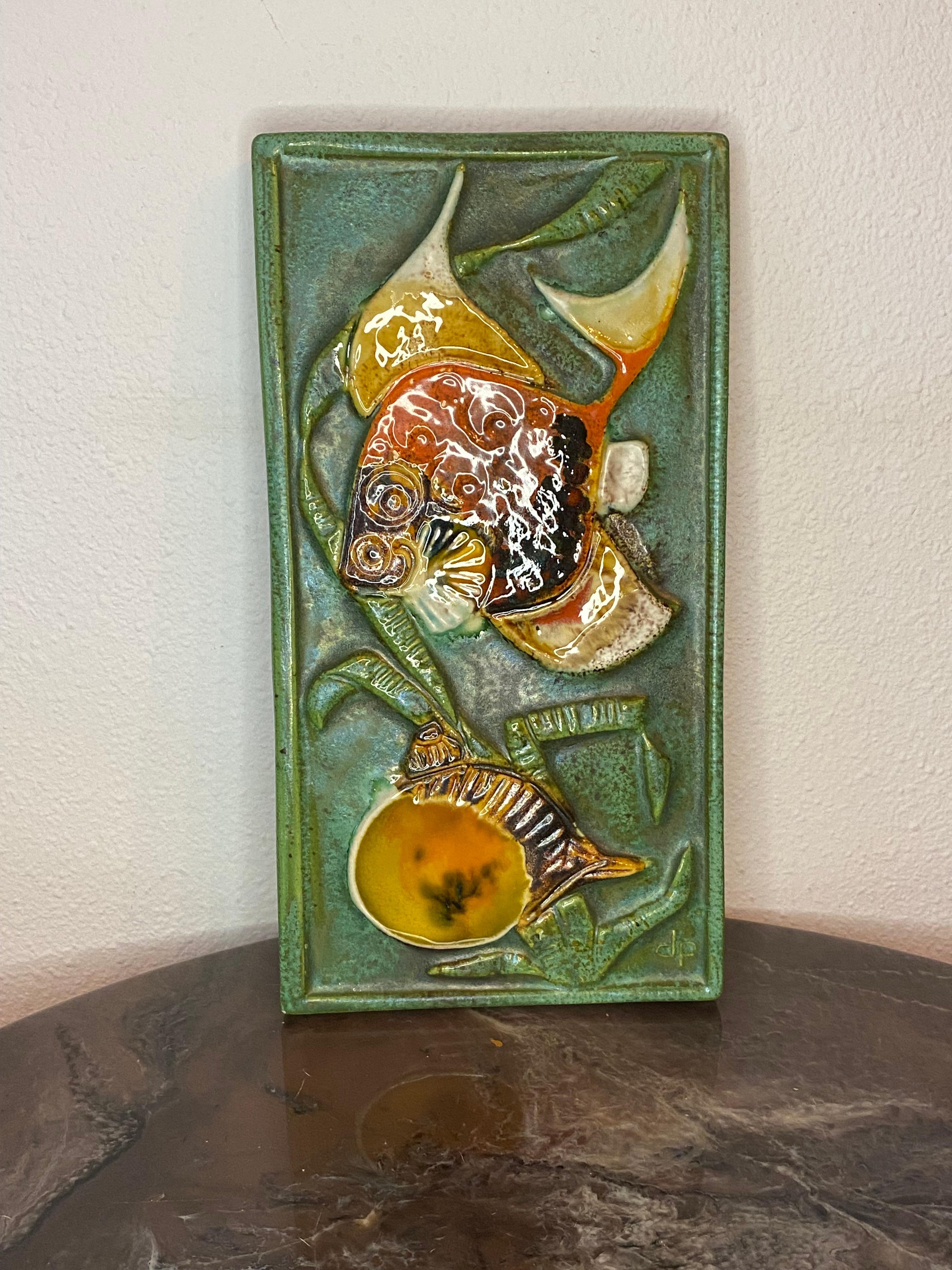 Glazed Scandinavian Mid-Century Stoneware Wall Plaque with Fish by Tilgmans Pottery  For Sale