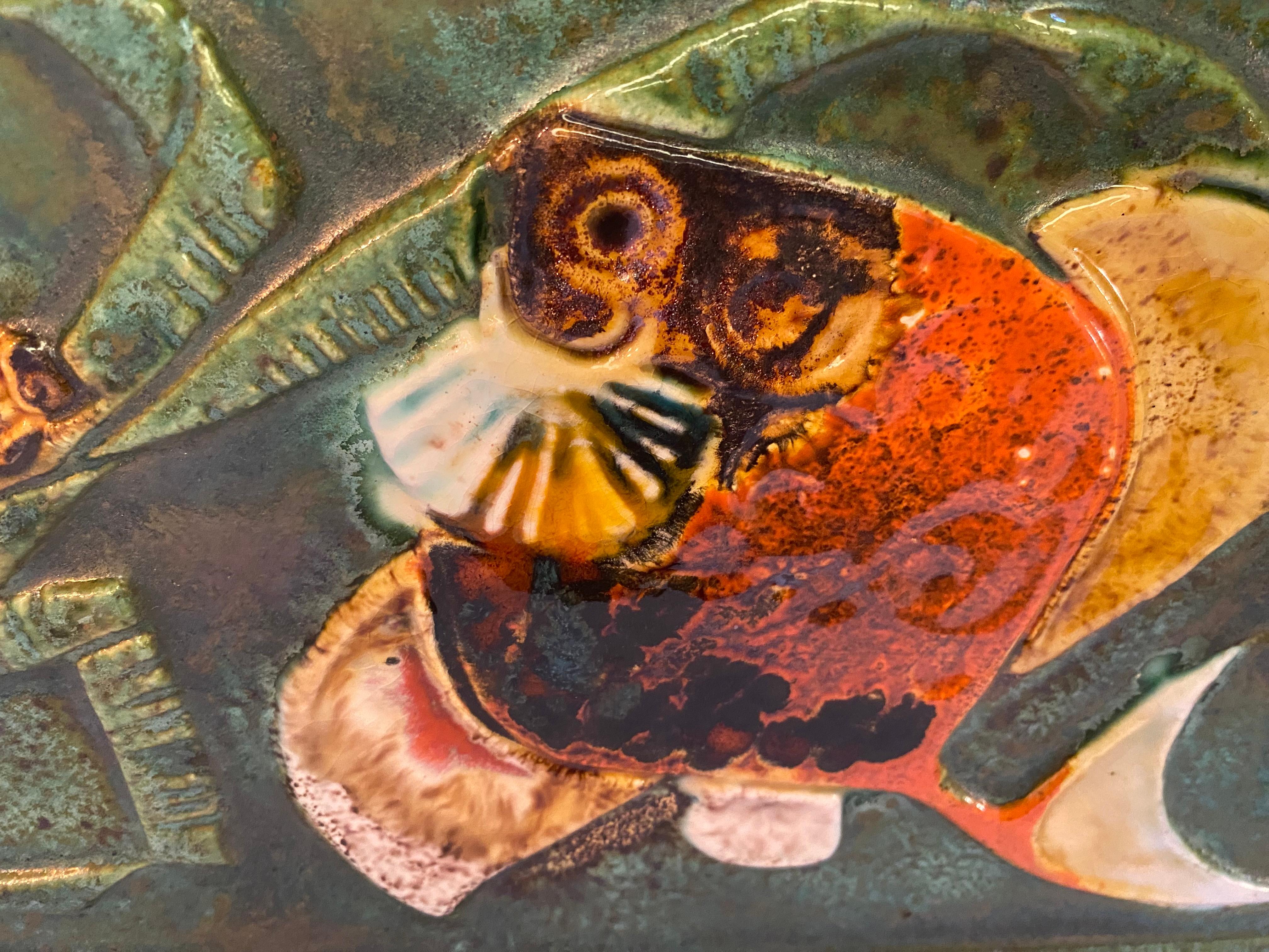 Scandinavian Mid-Century Stoneware Wall Plaque with Fish by Tilgmans Pottery For Sale 1