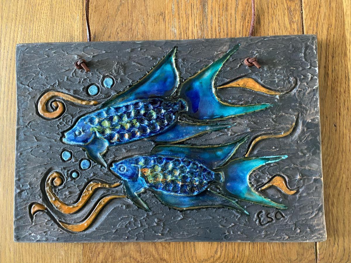 Mid-Century Modern Scandinavian Mid-Century Stoneware Wall Plaque with Fishes by Tilgmans Pottery