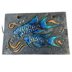 Scandinavian Mid-Century Stoneware Wall Plaque with Fishes by Tilgmans Pottery