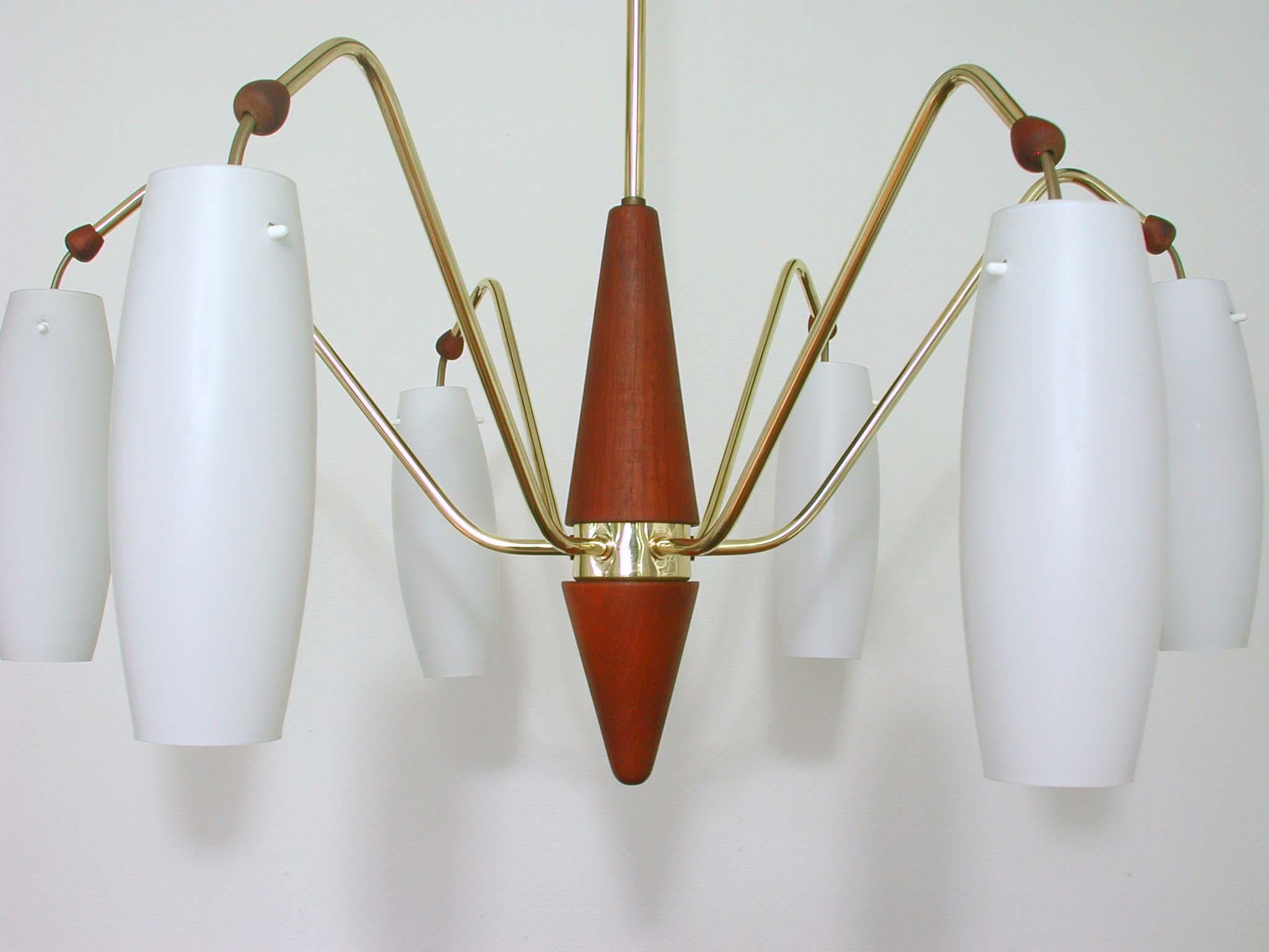 Swedish Scandinavian Midcentury Teak & Opaline Glass Six-Light Chandelier, Sweden 1960s