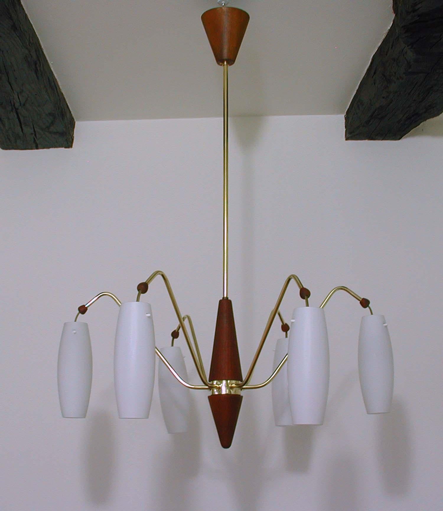 Mid-20th Century Scandinavian Midcentury Teak & Opaline Glass Six-Light Chandelier, Sweden 1960s