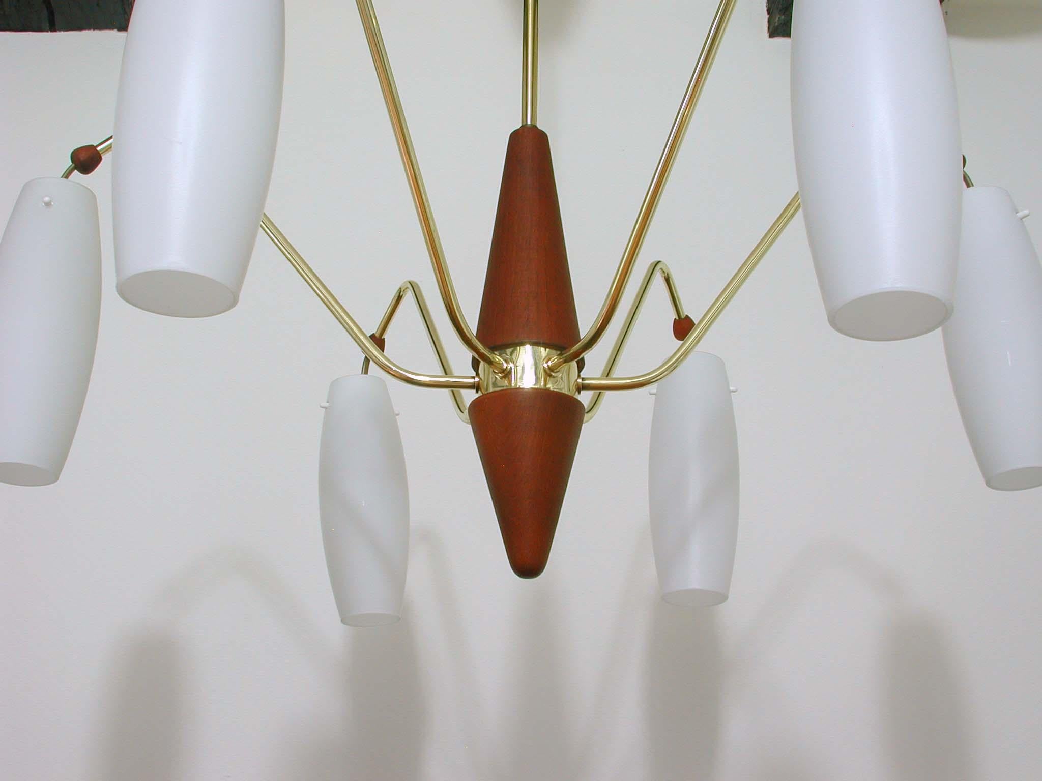 Scandinavian Midcentury Teak & Opaline Glass Six-Light Chandelier, Sweden 1960s 1