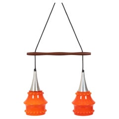 Scandinavian Midcentury Teak and Cased Glass Double Light Chandelier