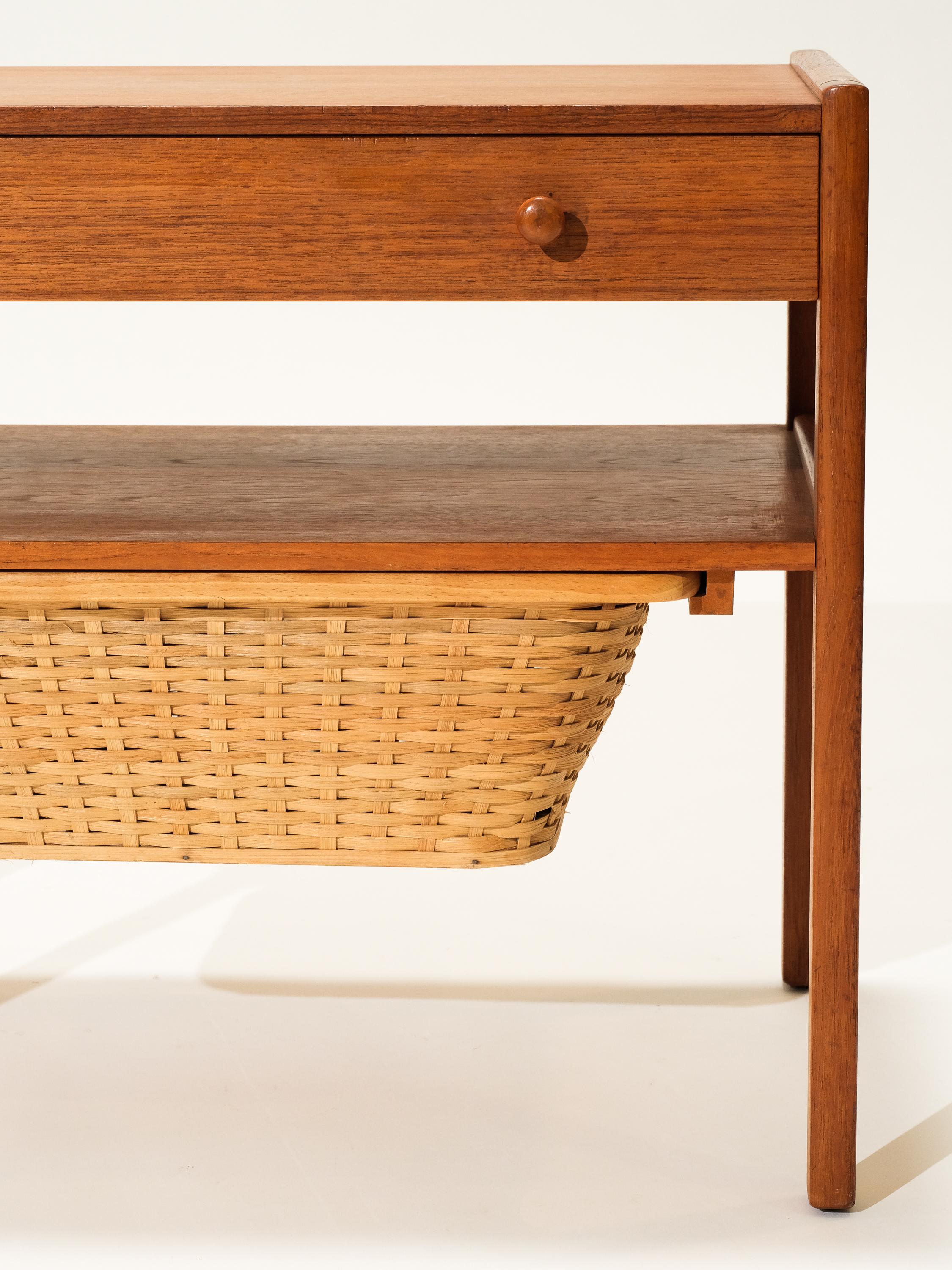Swedish Scandinavian Mid-Century Teak Side/Sewing Table with Rattan Basket For Sale