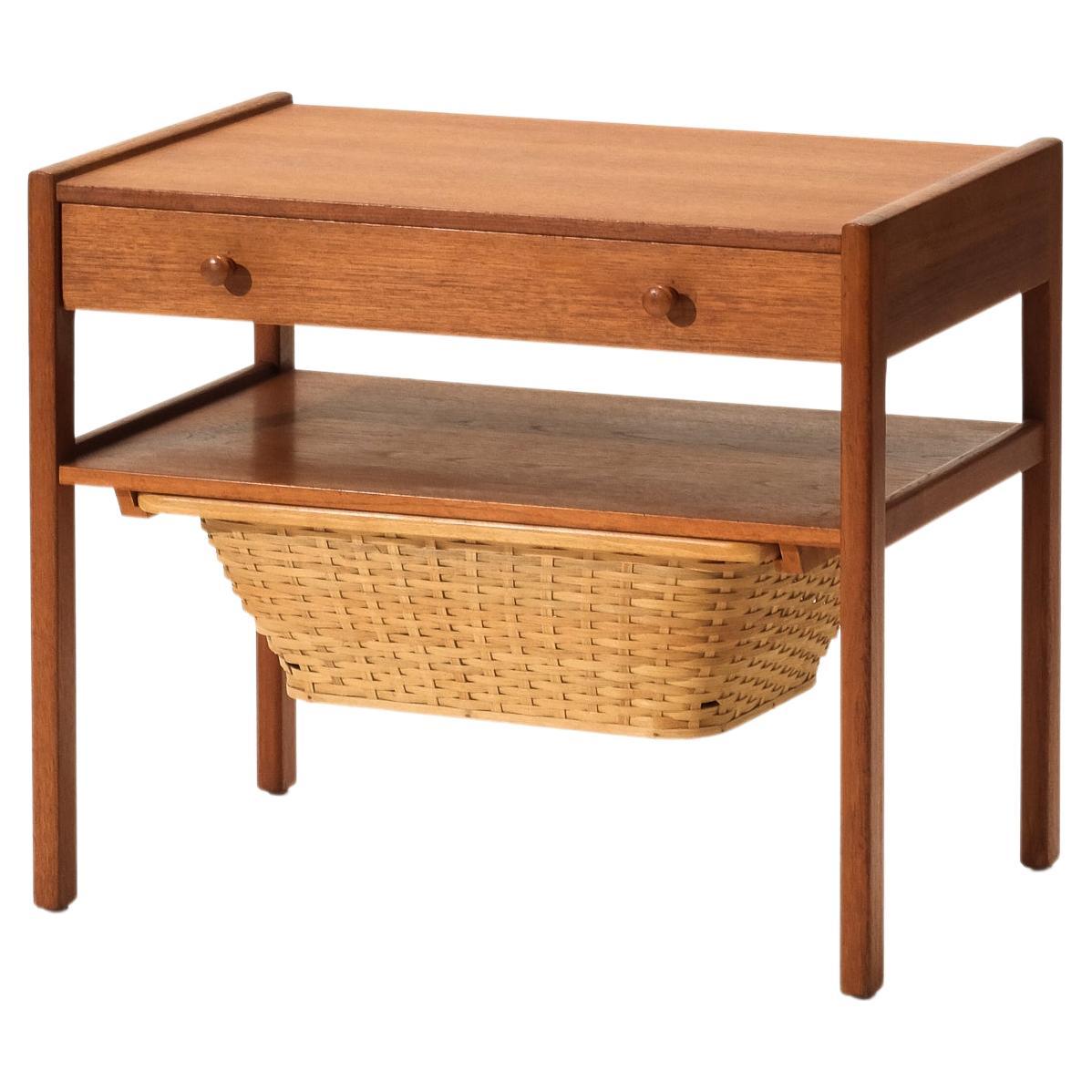 Scandinavian Mid-Century Teak Side/Sewing Table with Rattan Basket For Sale