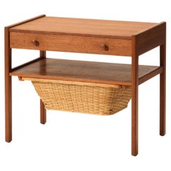 Used Scandinavian Mid-Century Teak Side/Sewing Table with Rattan Basket