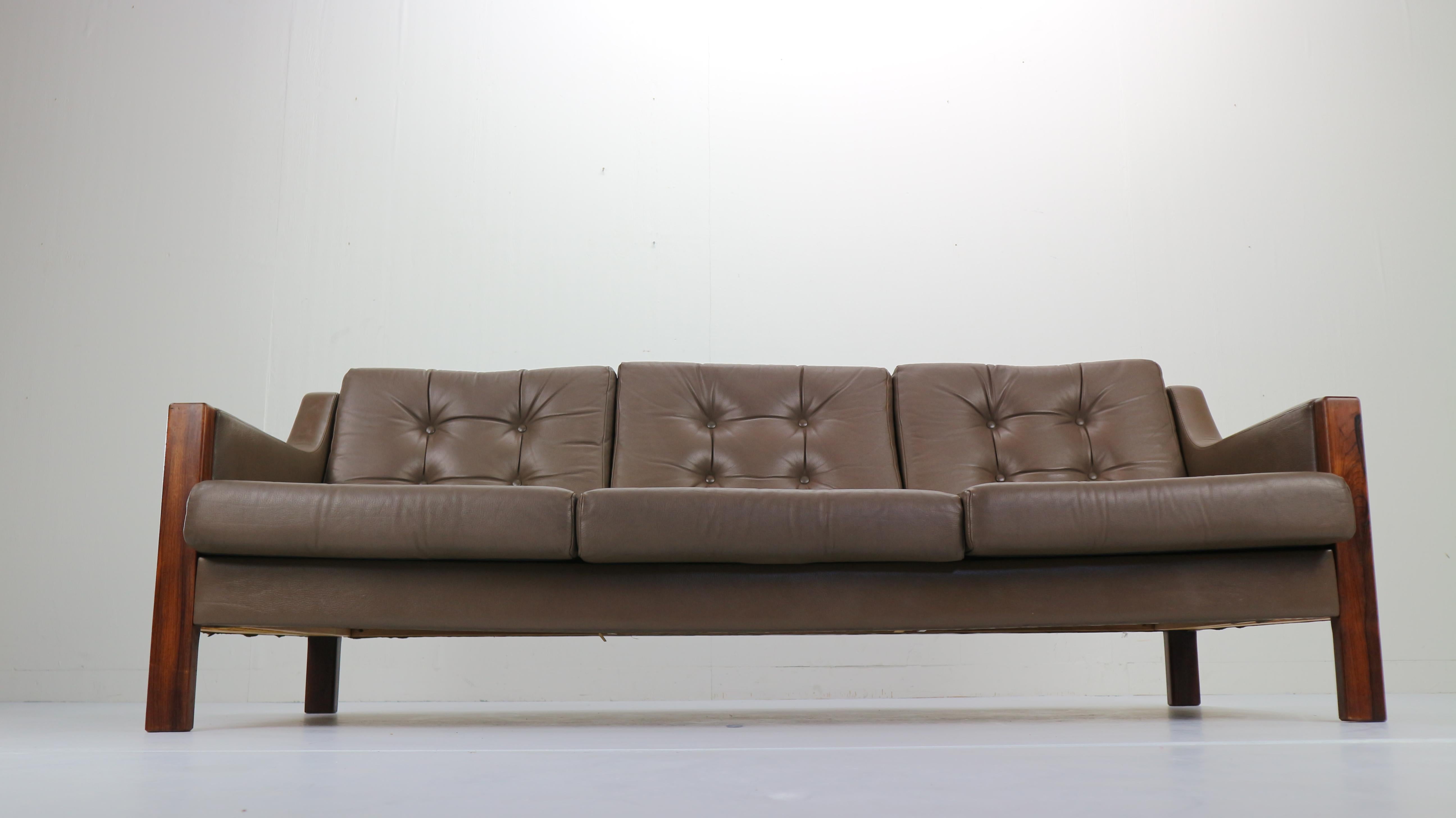 Scandinavian Modern Scandinavian Midcentury Three-Seat Leather Sofa and Rosewood, 1970s