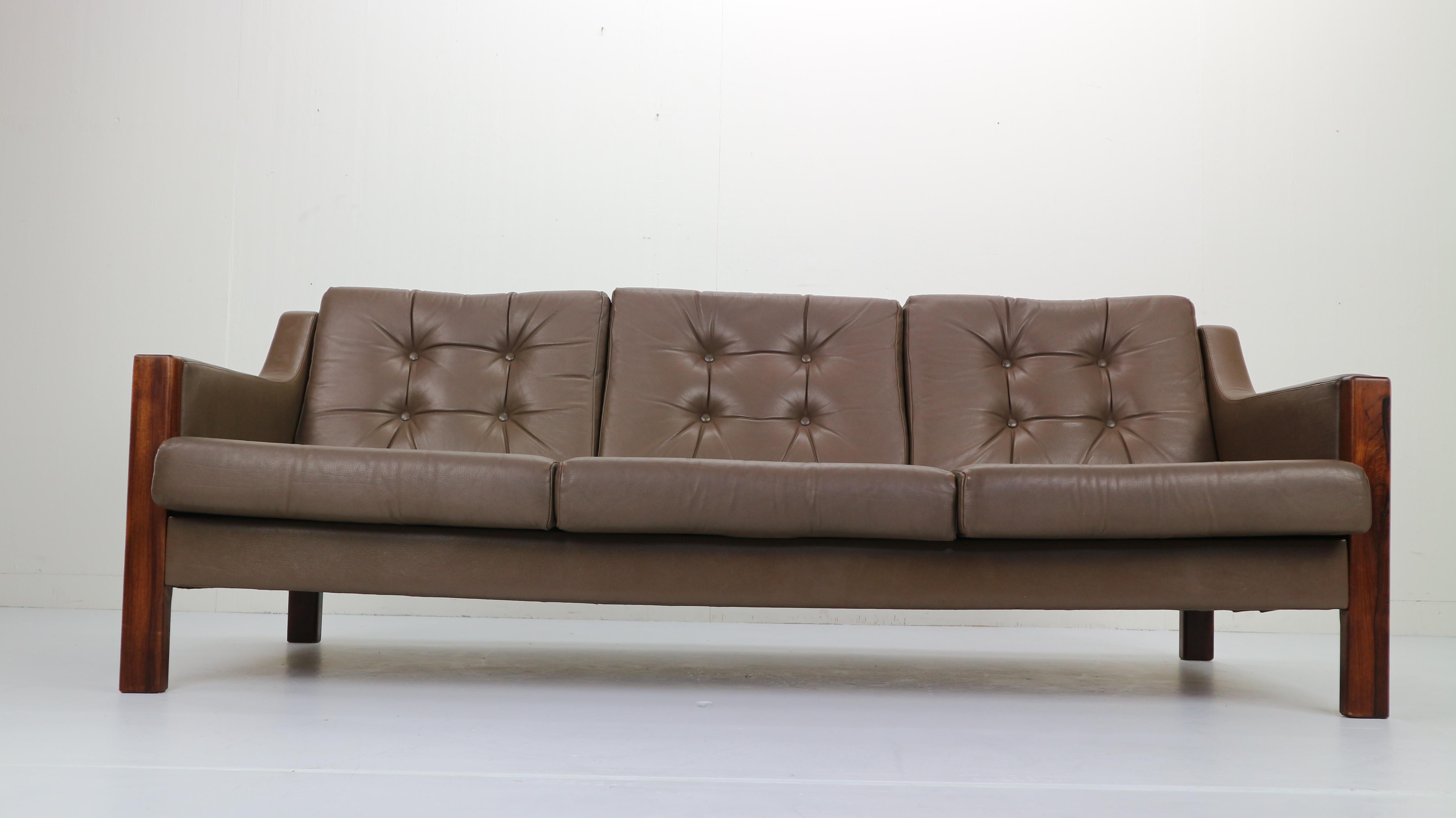 Late 20th Century Scandinavian Midcentury Three-Seat Leather Sofa and Rosewood, 1970s