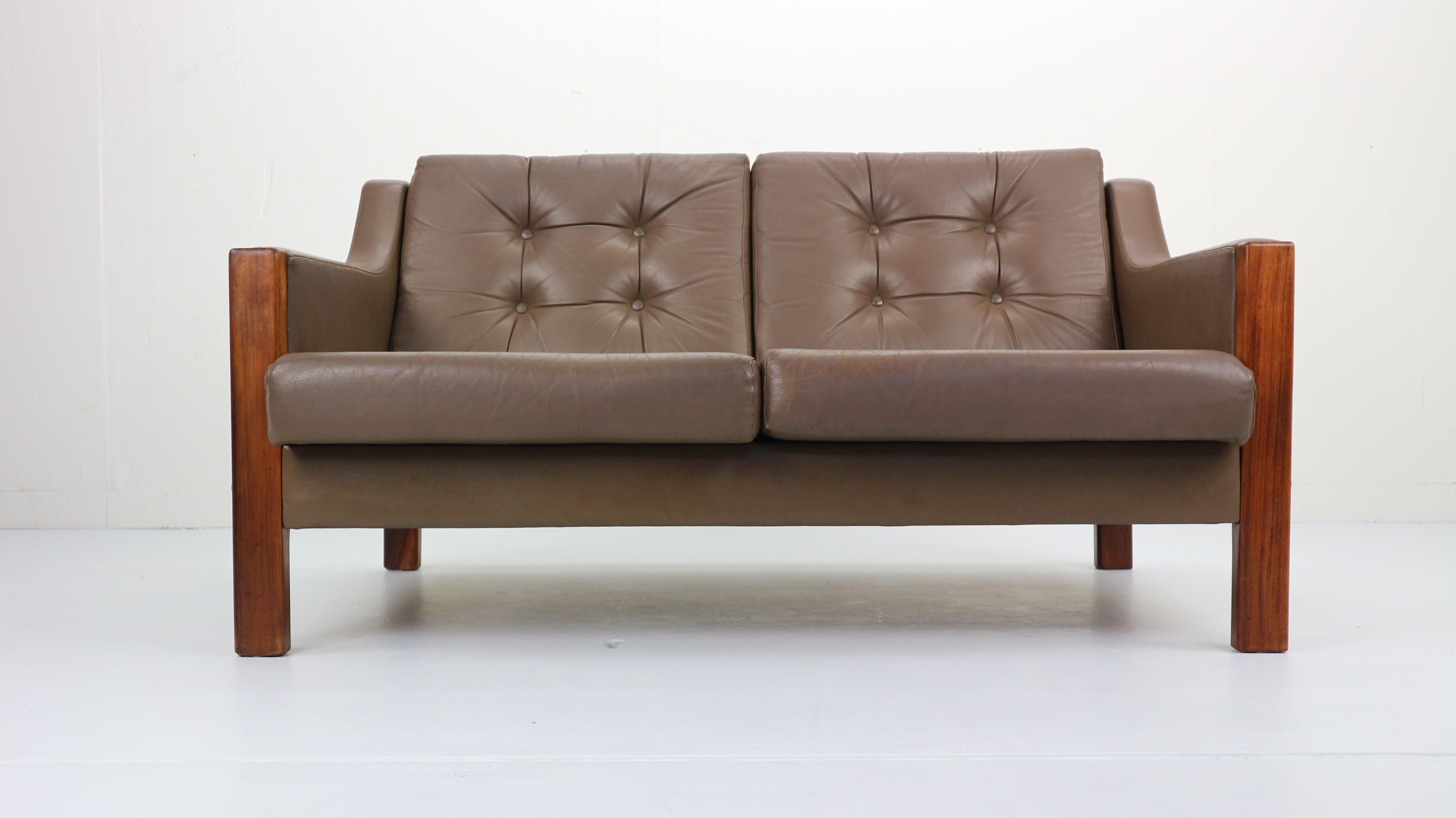 Scandinavian Modern Scandinavian Midcentury Two-Seat Leather Sofa and Rosewood, 1970s
