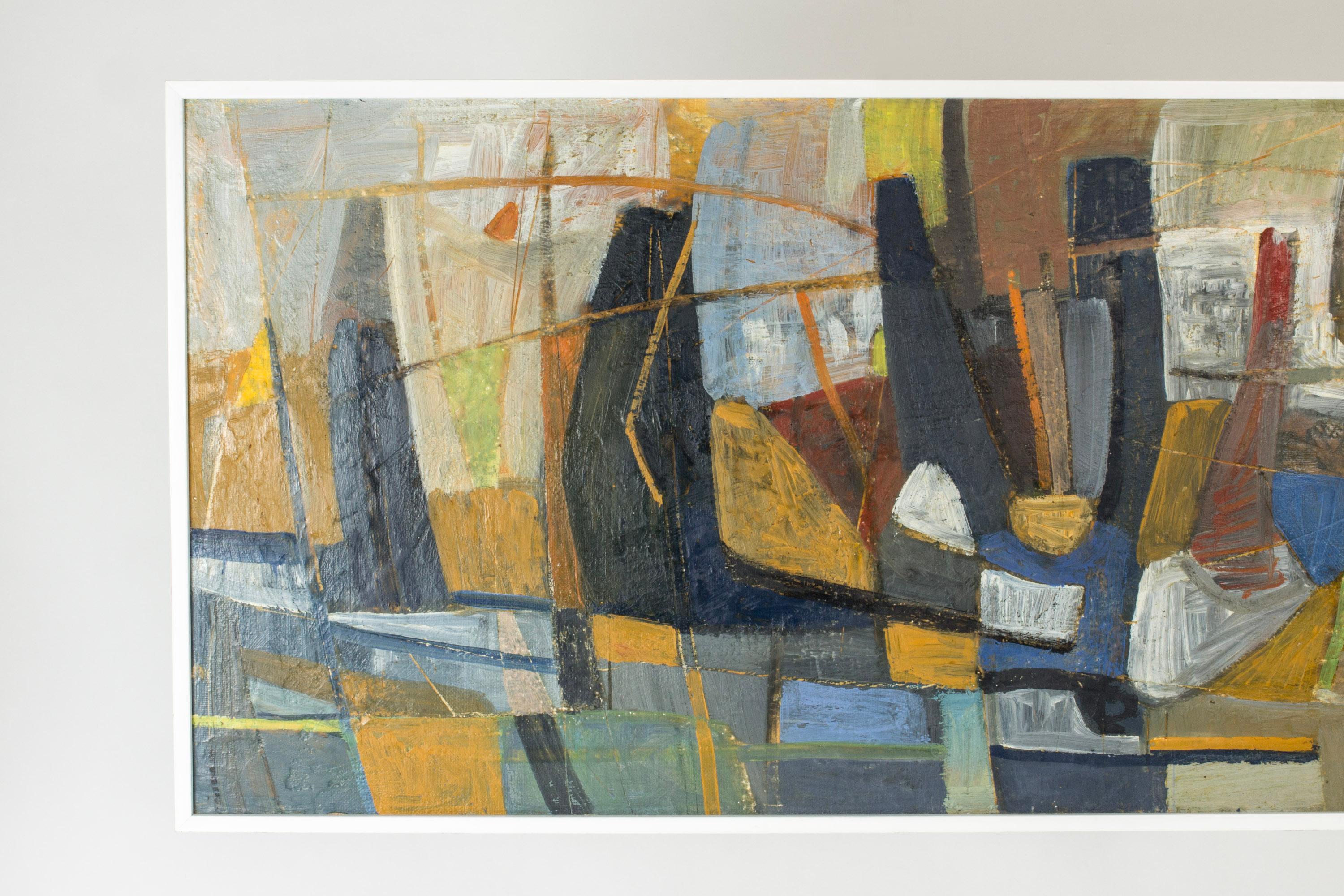 Großes Ölgemälde von Nils Wedel (1897-1967) mit einem abstrakten Motiv. Gedämpfte, natürliche Farben verbinden sich mit auffälligem Orange und Blau in asymmetrischen, grafischen Formen.