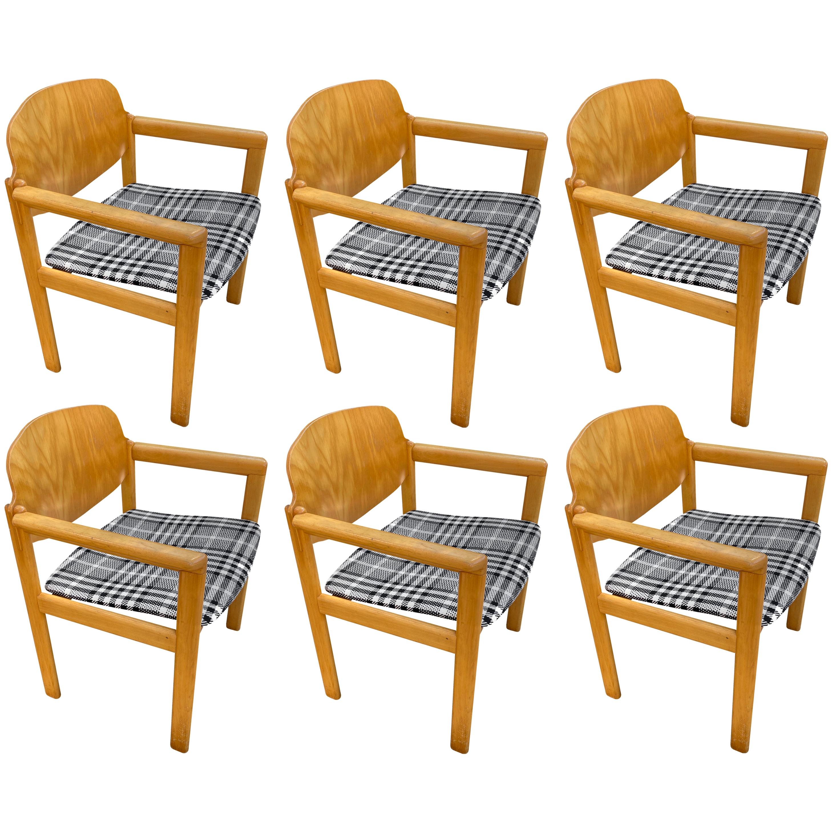 Scandinavian Midcentury Armchairs in Plaid, Set of 6 For Sale