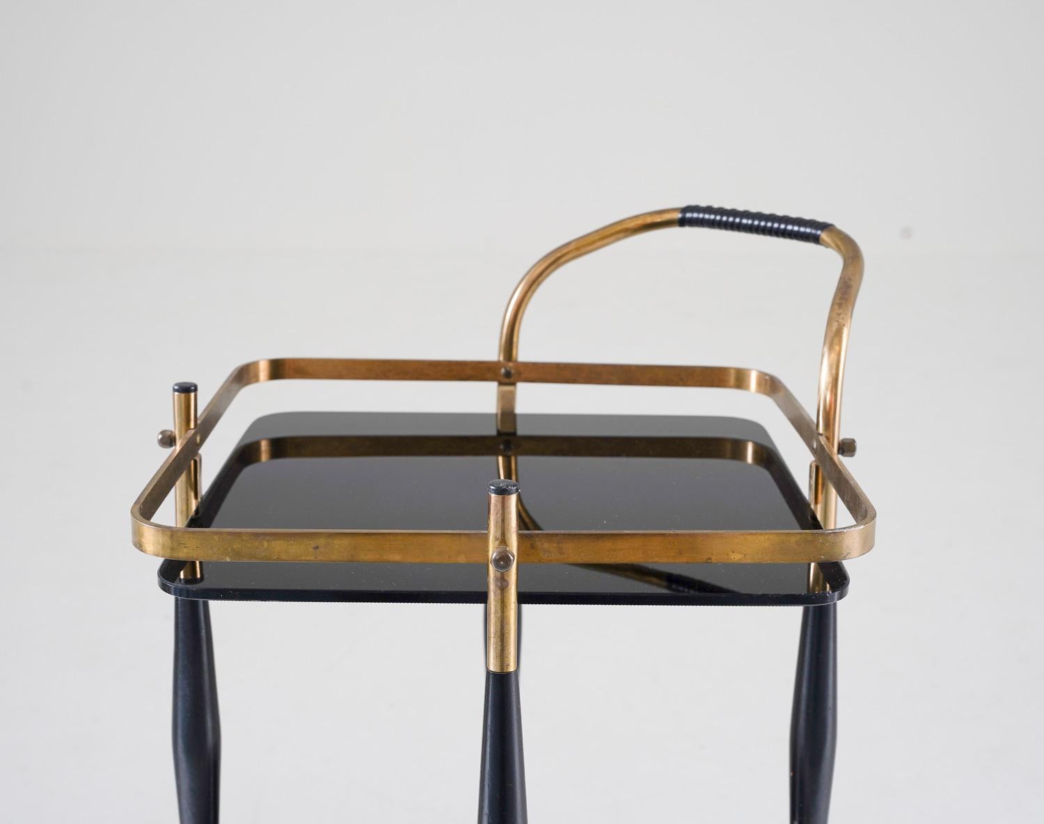 Swedish Scandinavian Midcentury Bar Cart in Brass and Glass For Sale