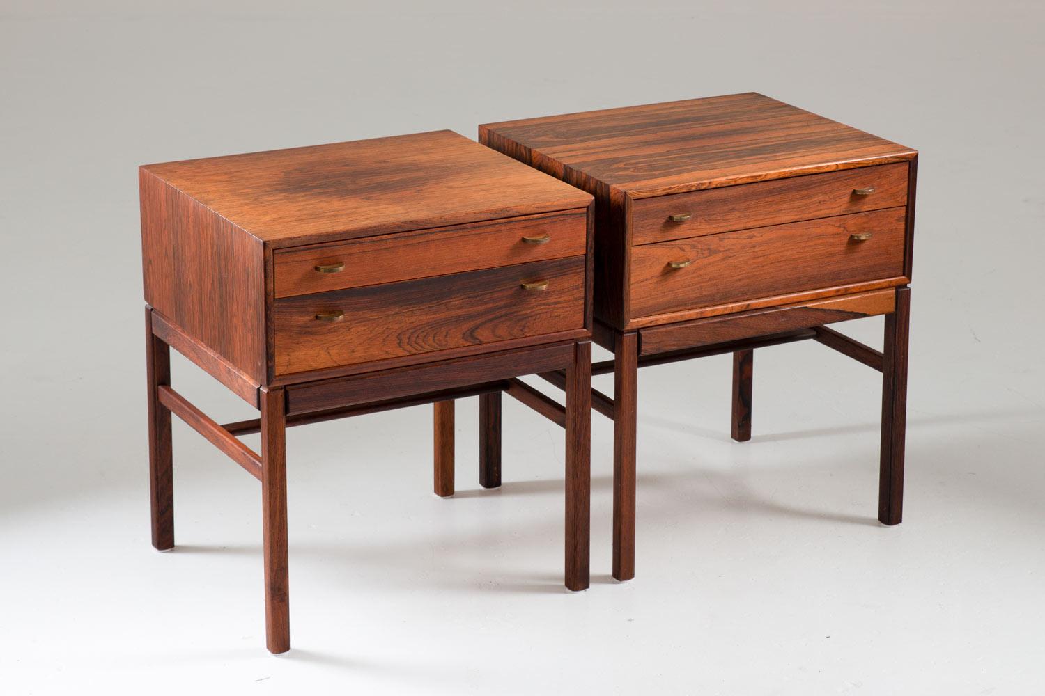 A pair of bedside tables in rosewood with brass details, model Casino by Gunnar Myrstrand and Sven Engström for Tingströms, Sweden, 1960s. 
Condition: Good original condition with signs of use and age. Bleached on top and light scratches.