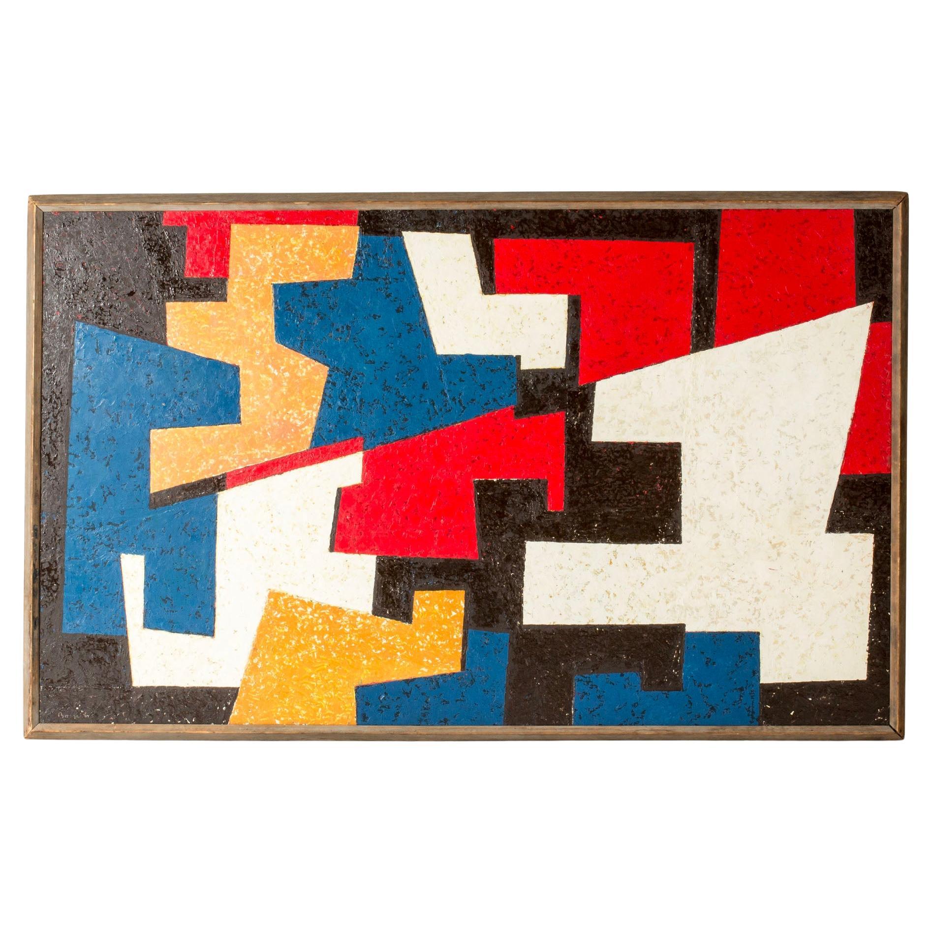 Scandinavian Midcentury Concretist Oil Painting, Harry Booström, Sweden, 1950s For Sale